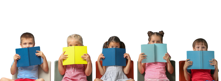 Five children sitting in a row, each holding open books in front of their faces against a black background.