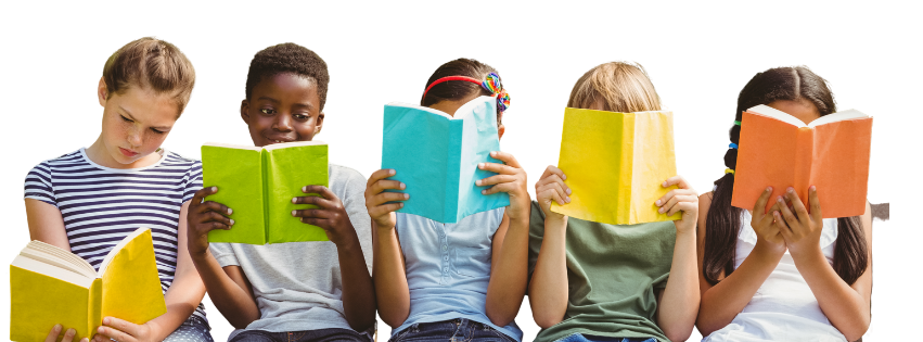 Five children sitting side by side, each holding and reading a colorful book.