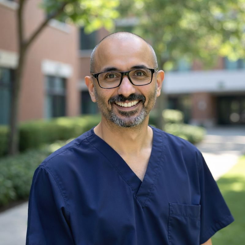A smiling male healthcare professional with glasses, a beard, and a shaved head, wearing navy scrubs, standing outdoors near a building with trees and shrubs in the background.