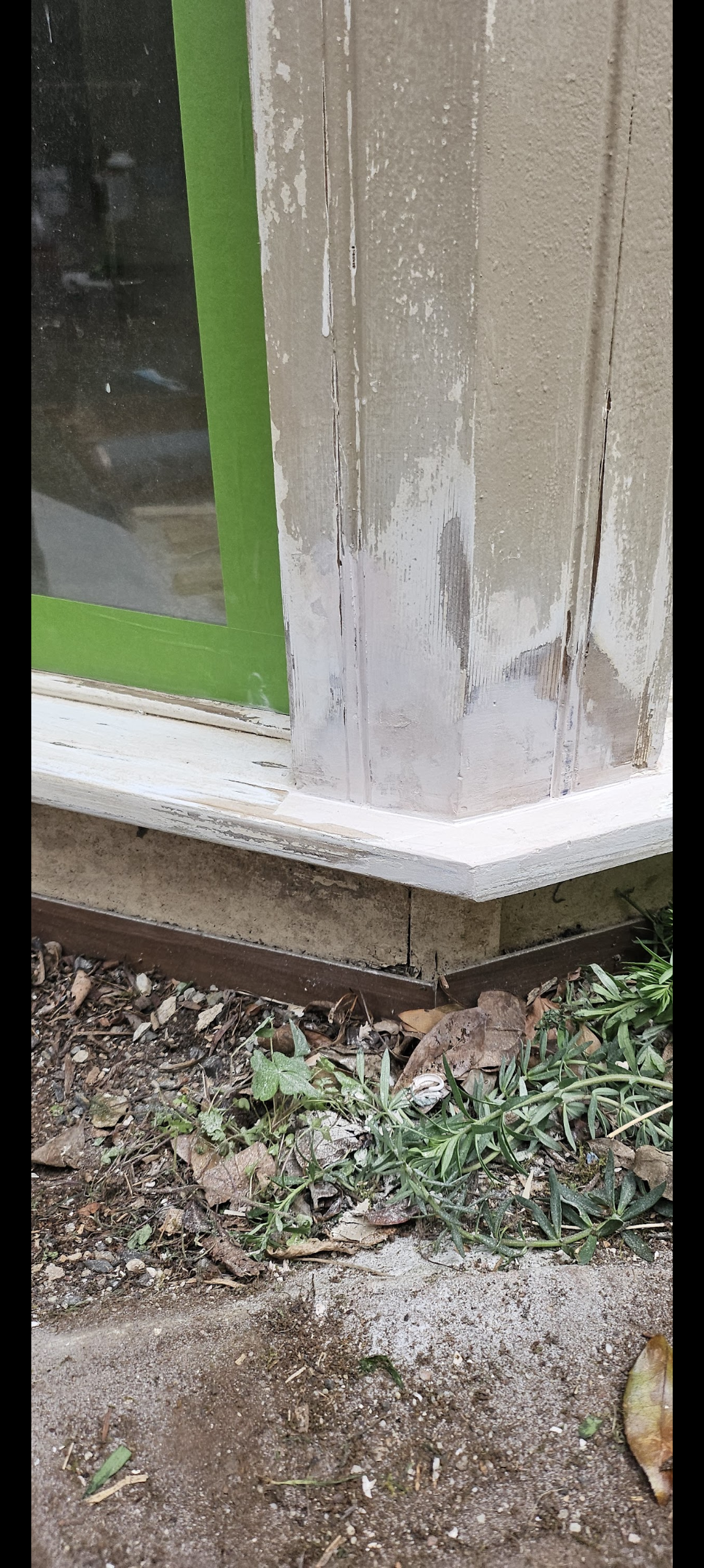 Close-up of a corner of a house with a partially painted, weathered wooden frame and a green window trim. The ground below shows dirt, small plants, and dry leaves.