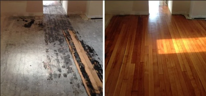 Comparison of a floor before and after refinishing: left shows a damaged, scratched wooden floor, right shows a polished, new-looking wooden floor.