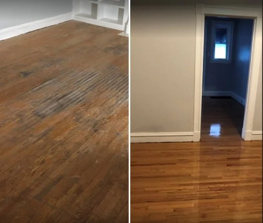 Comparison of two rooms: left shows a worn, scratched wooden floor, right shows a clean, polished wooden floor in a small room with a window.