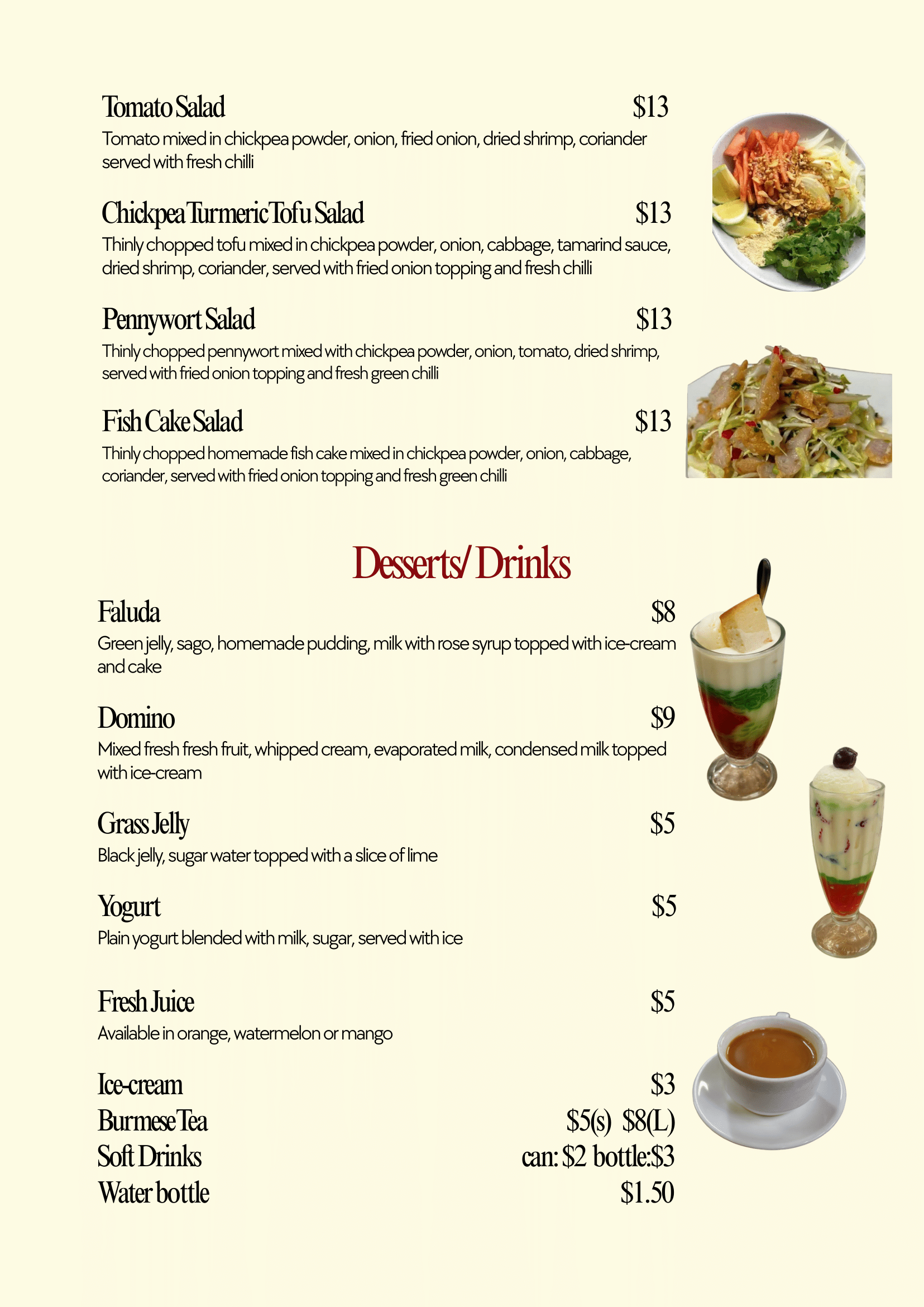 Menu featuring various salads and desserts/drinks with prices and images, including tomato salad, chickpea turmeric tofu salad, pennywort salad, fish cake salad, and beverages like faluda, domino, grass jelly, yogurt, fresh juice, ice cream, Burmese tea, soft drinks, and bottled water.