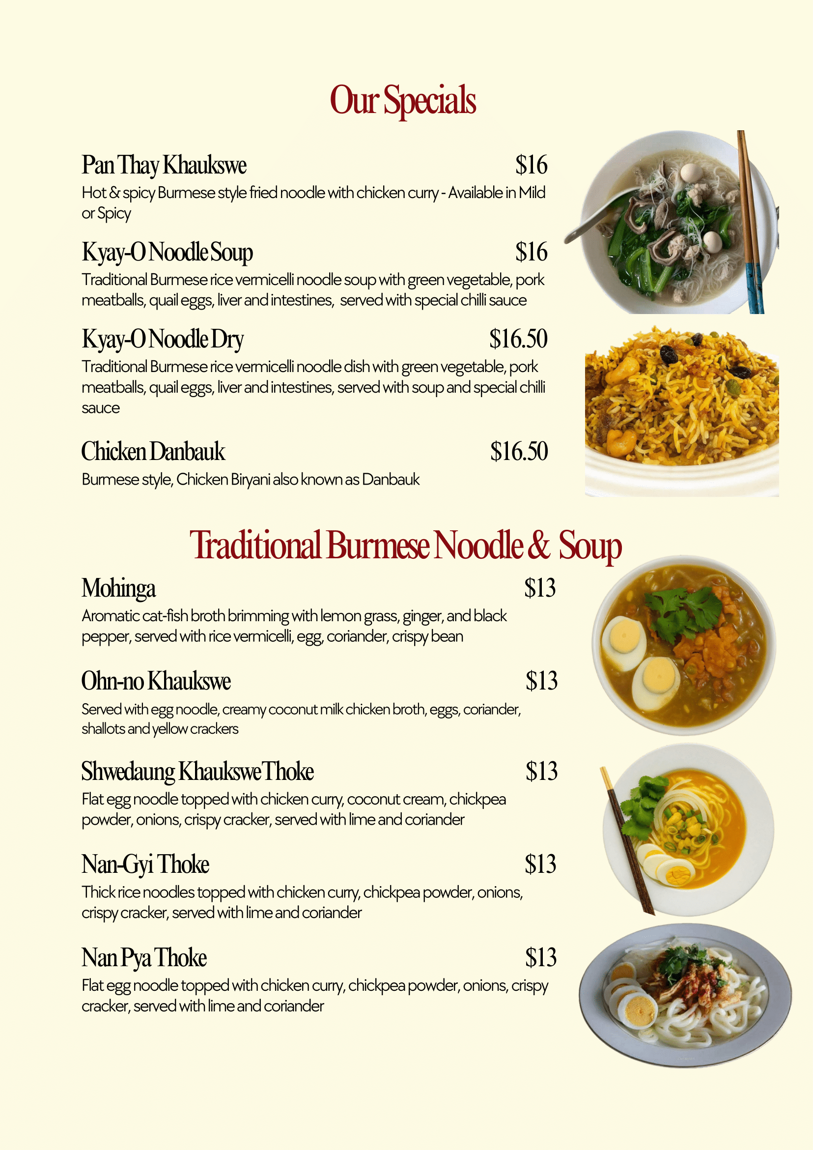 Menu featuring two sections: 'Our Specials' with dishes like Pan Thay Khaukswe, Kway-O Noodle Soup, Kway-O Noodle Dry, and Chicken Danbauk, each with prices around $16. The second section is 'Traditional Burmese Noodle & Soup' with items like Mohinga, Ohn-no Khaukswe, Shwedaung Khaukswe Thoke, Nan-Gyi Thoke, and Nan Pya Thoke, each priced at $13. The menu also includes photos of traditional Burmese dishes and noodles with garnishes.