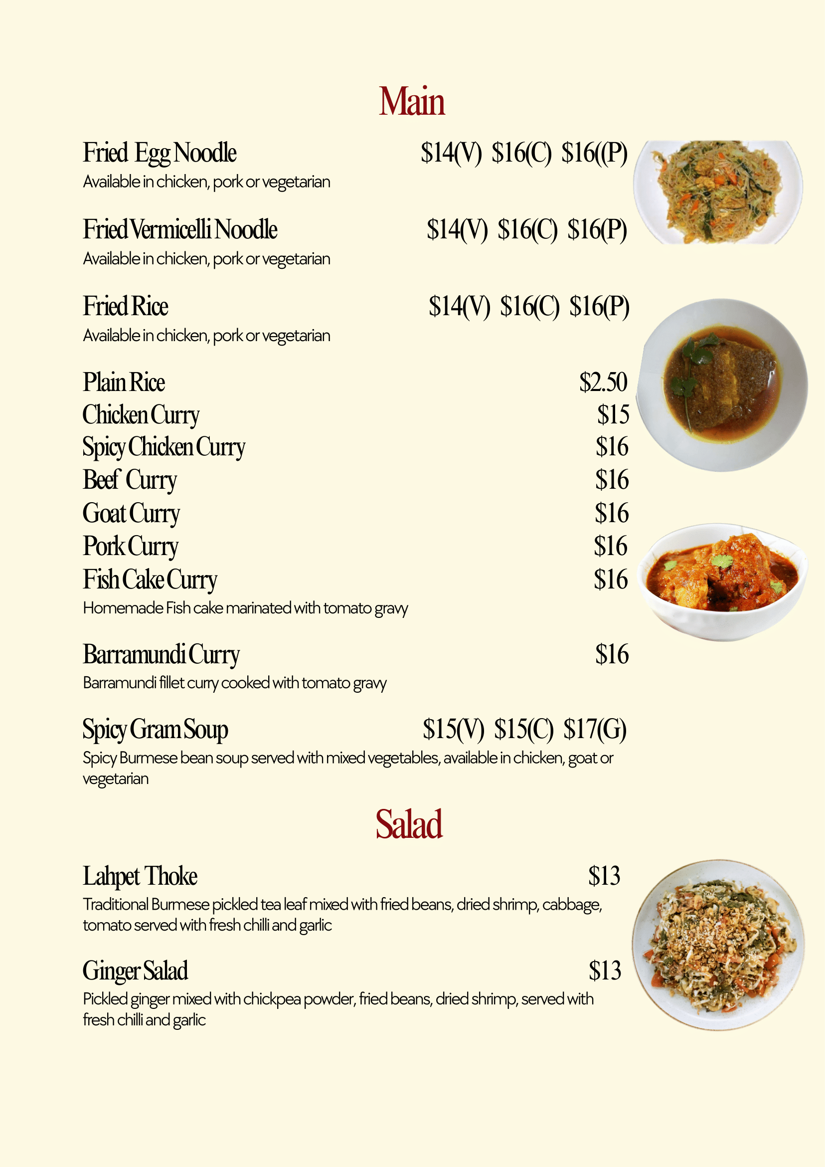 Menu with main dishes, salads, and prices at a Burmese restaurant, featuring fried egg noodle, vermicelli noodle, fried rice, various curries, spicy gram soup, and salads, with images of noodle, curry, and salad dishes.
