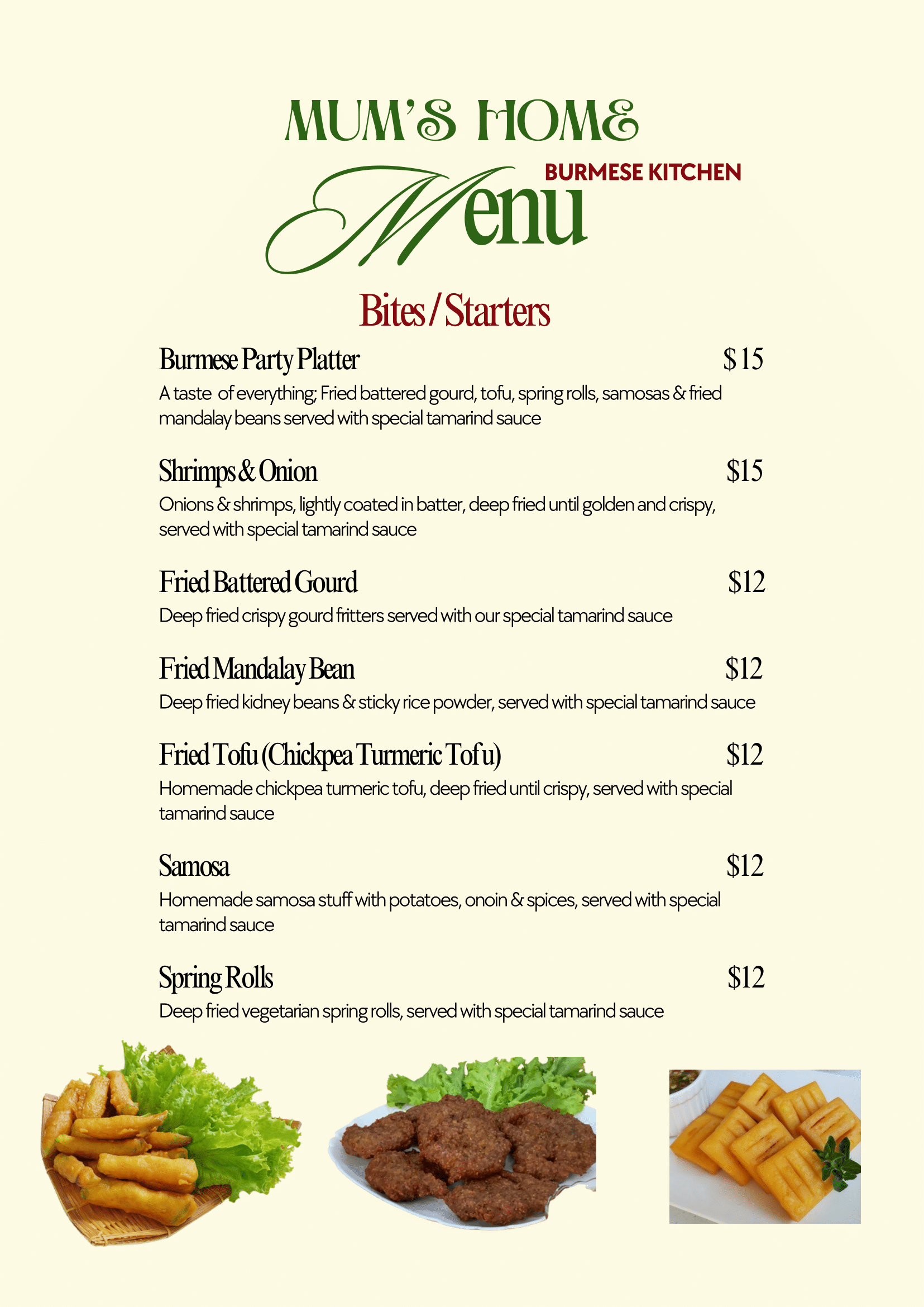 Menu from Mum's Home Burmese Kitchen featuring starters: Burmese Party Platter, Shrimps & Onion, Fried Battered Gourd, Fried Mandalay Bean, Fried Tofu, Samosa, Spring Rolls with images of fried snacks at the bottom.