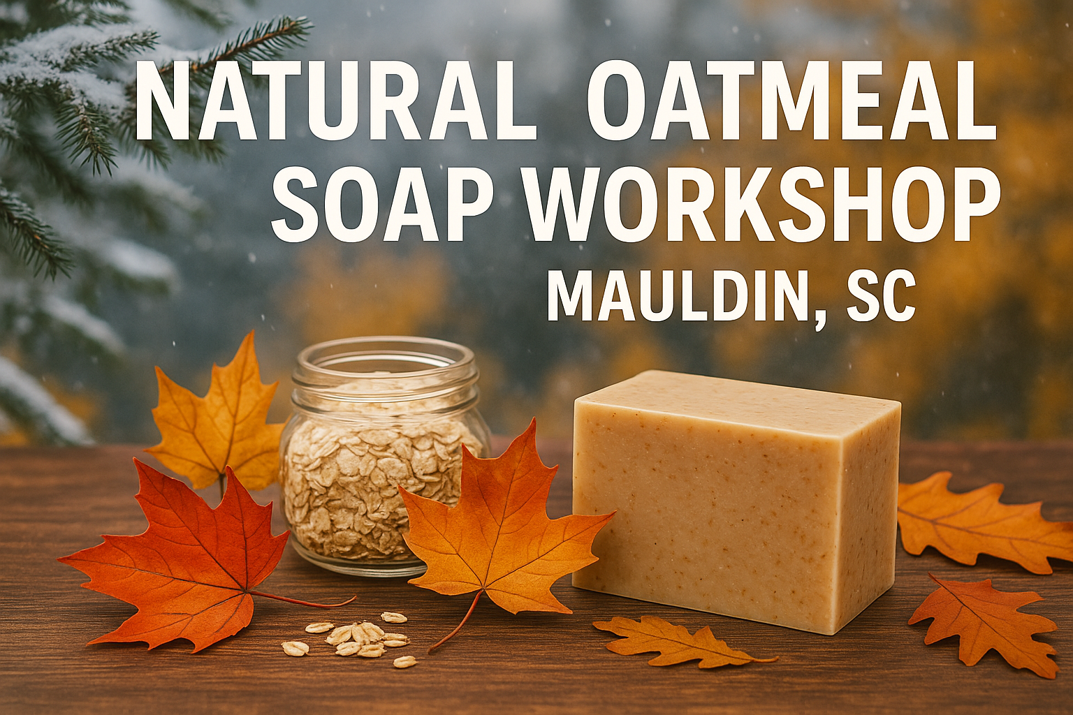 Text overlay on an image of a soap bar, jar of oats, autumn leaves, and pine branches advertising a natural oatmeal soap workshop in Mauldin, South Carolina.
