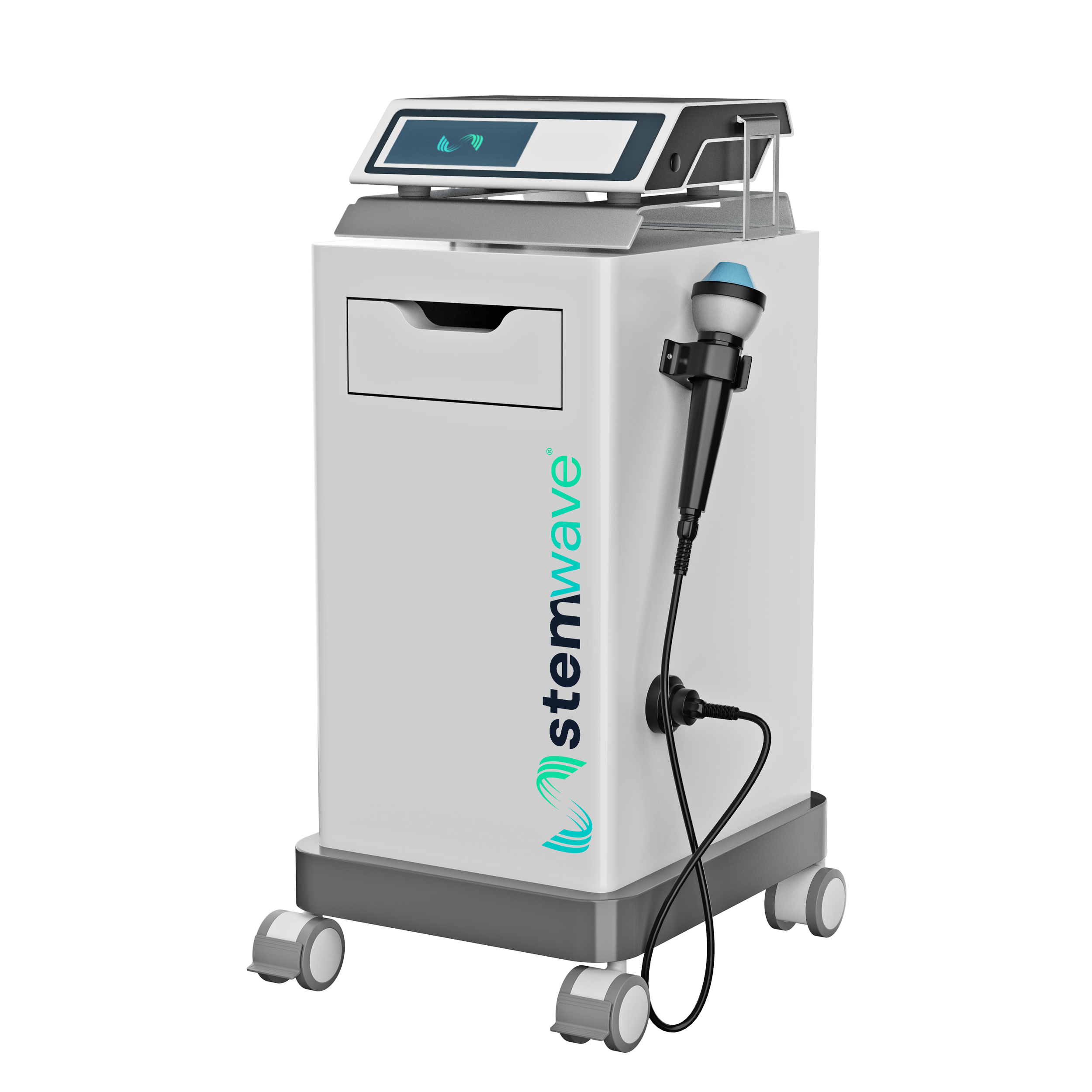 Medical device with a touchscreen display, labeled 'stemwave', mounted on a wheeled cart with an ultrasonic probe hanging from the side.