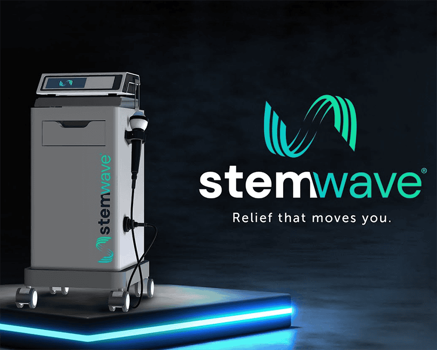 Medical device named stemwave with cables connected, on a platform with glowing edges, branding and logo, and slogan 'Relief that moves you' in the background.