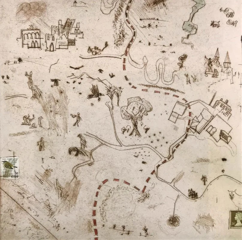 Une carte ancienne dessinée à la main représentant un paysage avec des bâtiments, des arbres, des chemins, une rivière, des figures humaines, des animaux et une zone délimitée par une ligne en pointillés rouges.