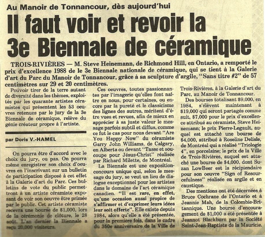 Article de journal annonçant la 3e Biennale de céramique au Manoir de Tonnancour, mentionnant le prix de l'exposition et les œuvres exposées.