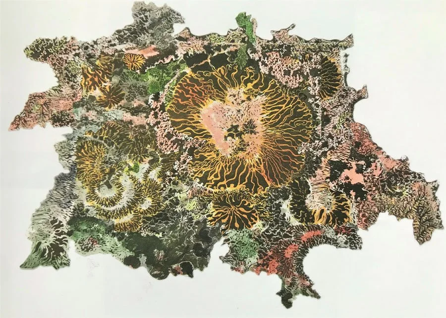 Oeuvre d'art avec des motifs colorés et des designs floraux.