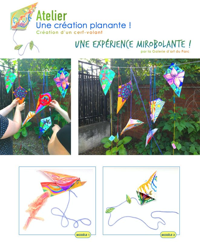 Affiche promotionnelle pour un atelier créatif de cerfs-volants avec images de cerfs-volants colorés et d'enfants fabriquant des cerfs-volants, intitulé 'Atelier: Une création pliante! Une expérience mirobolante!' par la Galerie d'art du Parc.