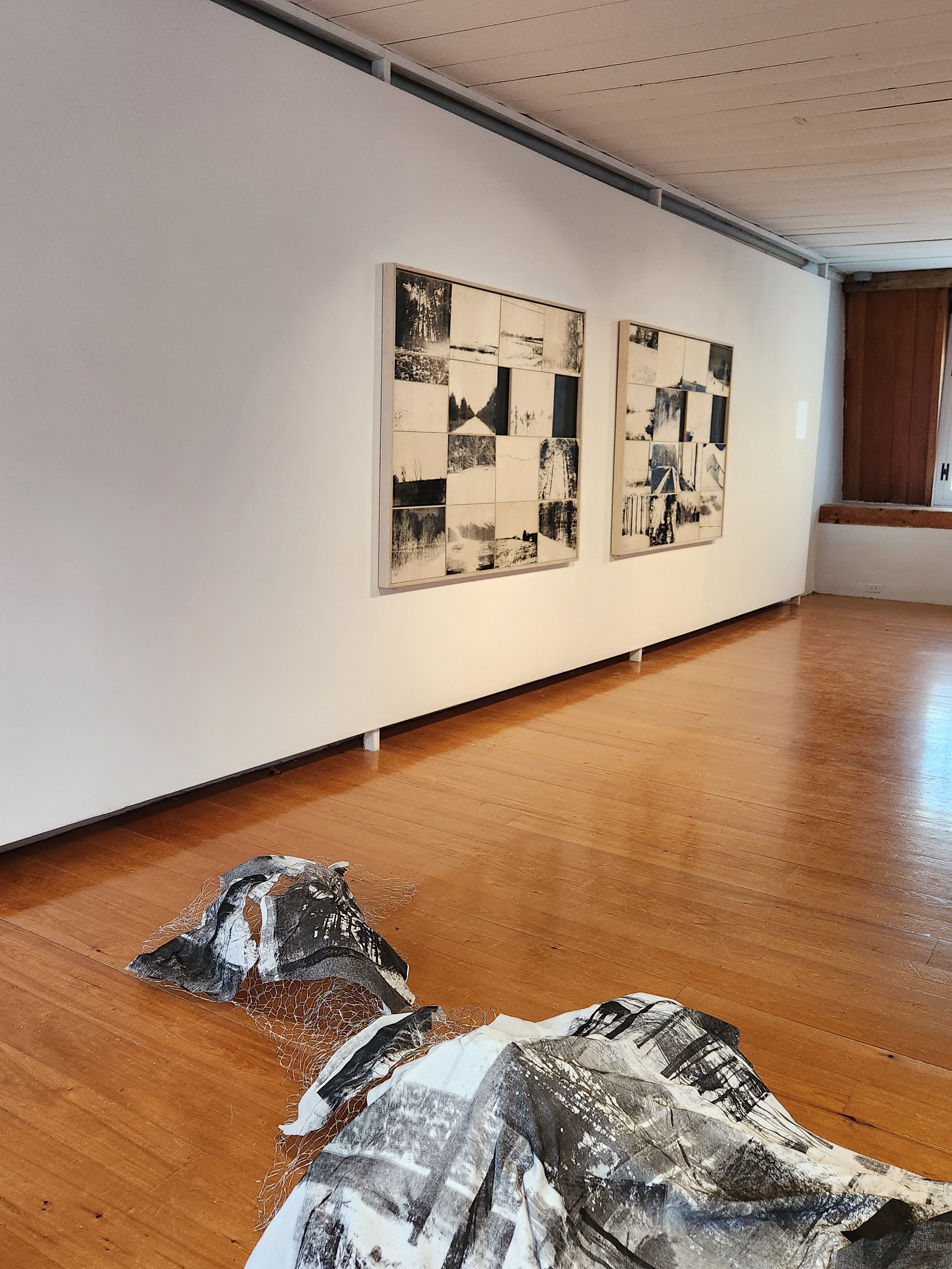 Salle de galerie avec deux oeuvres monochromes en sérigraphie sur bois accrochées au mur et une installation monochrome au sol