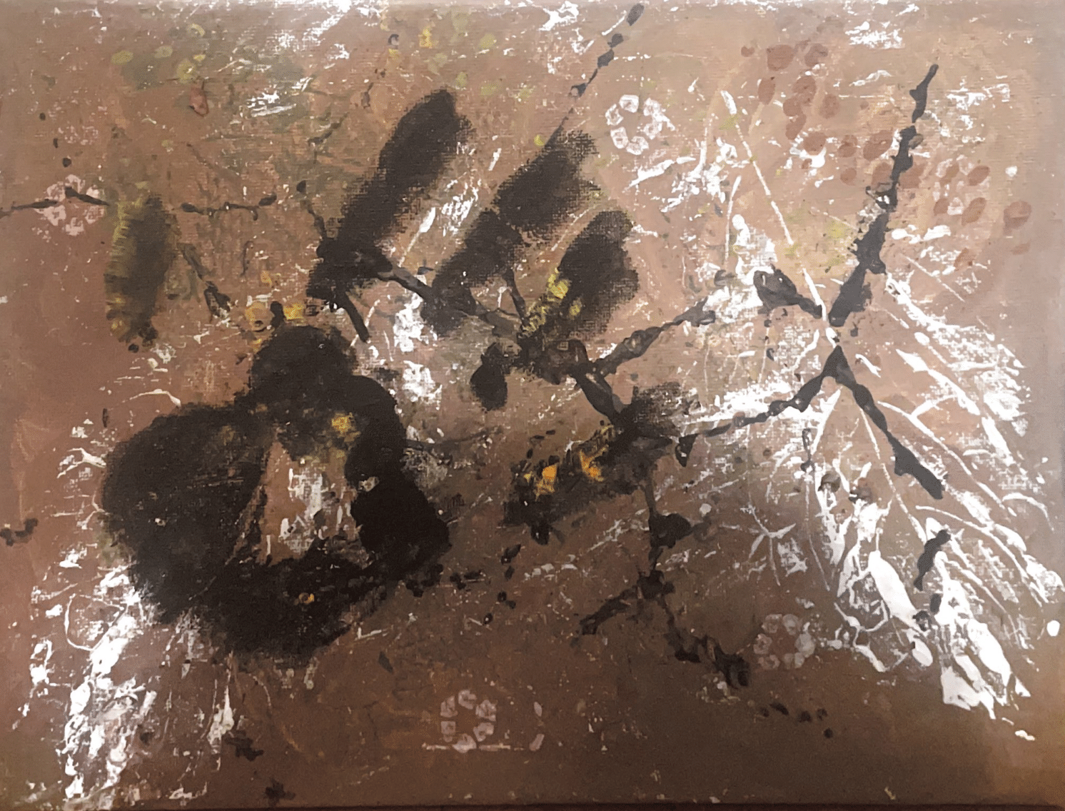 Peinture abstraite d'une paume de main avec des éclaboussures de noir, blanc, jaune et vert sur un fond marron.