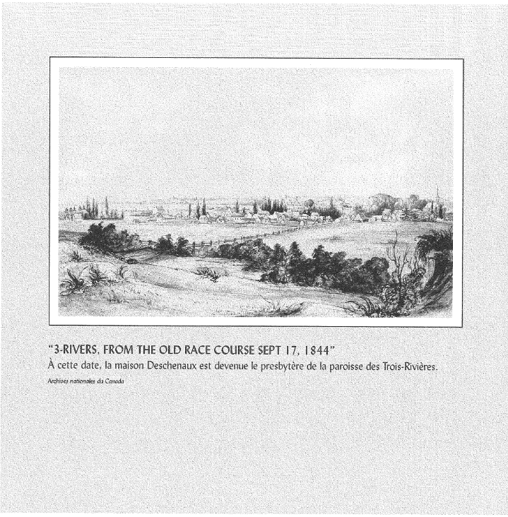 Une vue de paysage de trois rivières de l'ancien parcours de course, datée du 17 septembre 1844, montrant une maison, des arbres et un champ, avec une légende en français expliquant que cette maison est devenue le presbytère de la paroisse des Trois-Rivières.