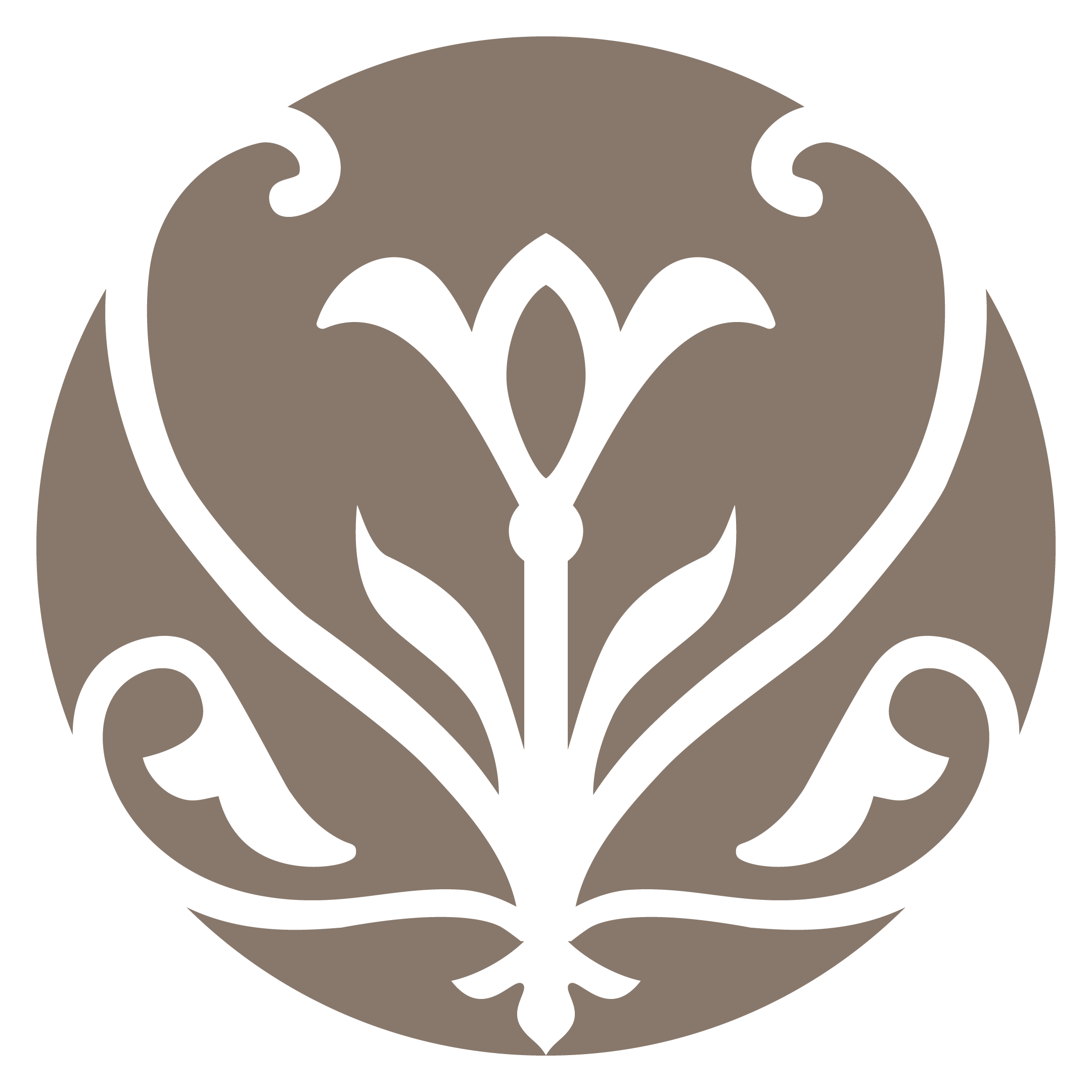 A stylized abstract floral design with black lines on a brown circle background.