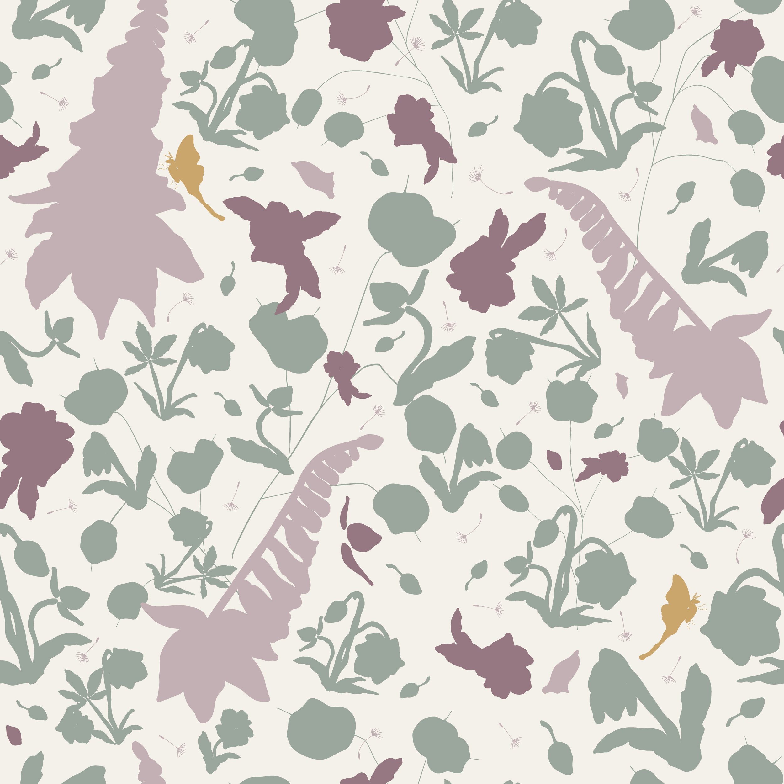 A seamless pattern of various leaves and flower silhouettes in muted pastel shades of pink, green, and cream. The pattern also includes small dandelion seeds dispersed throughout.