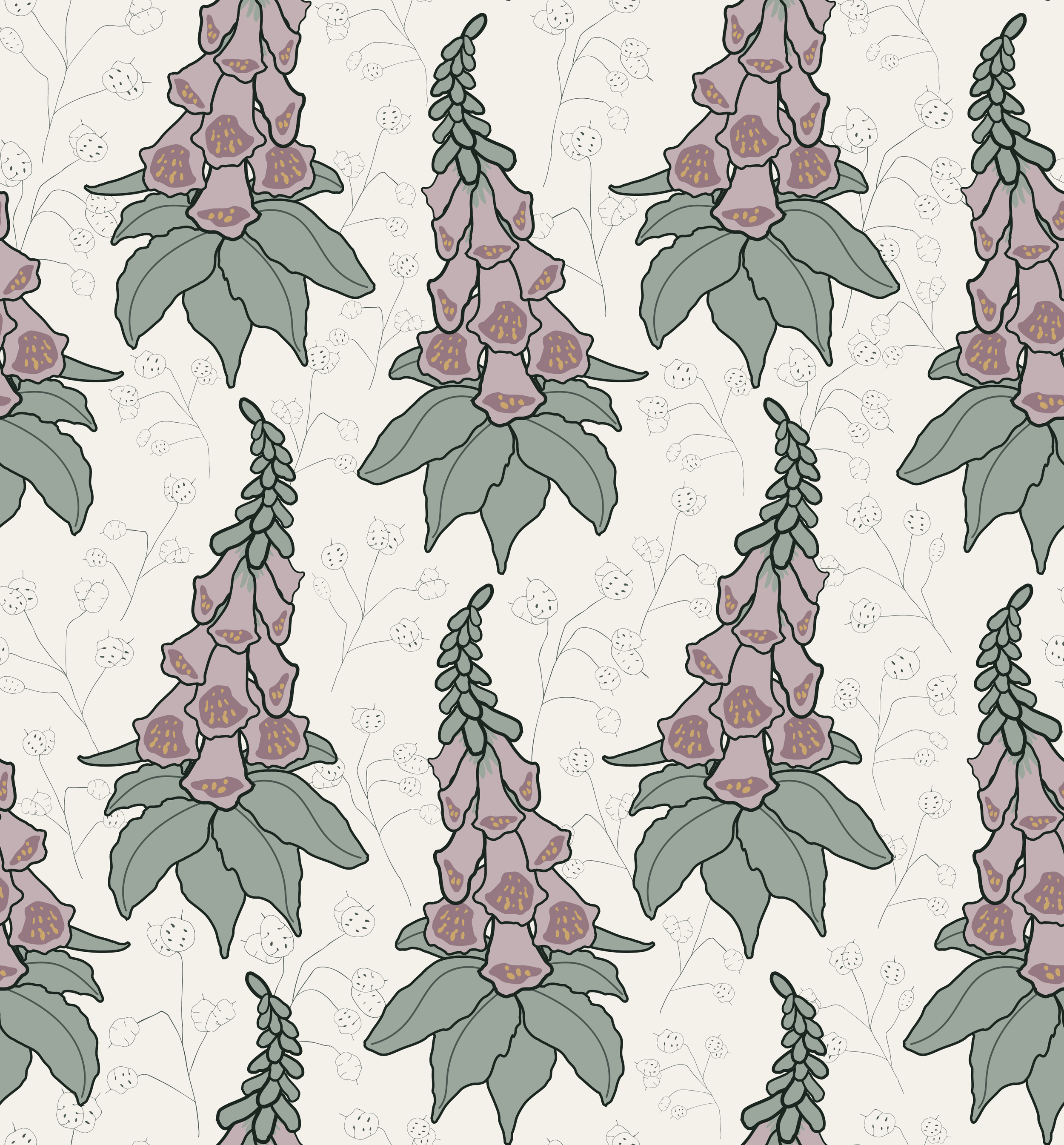 Seamless pattern of tall, dusty purple foxgloves, with green leaves on a cream background with hand drawn floral sketches.