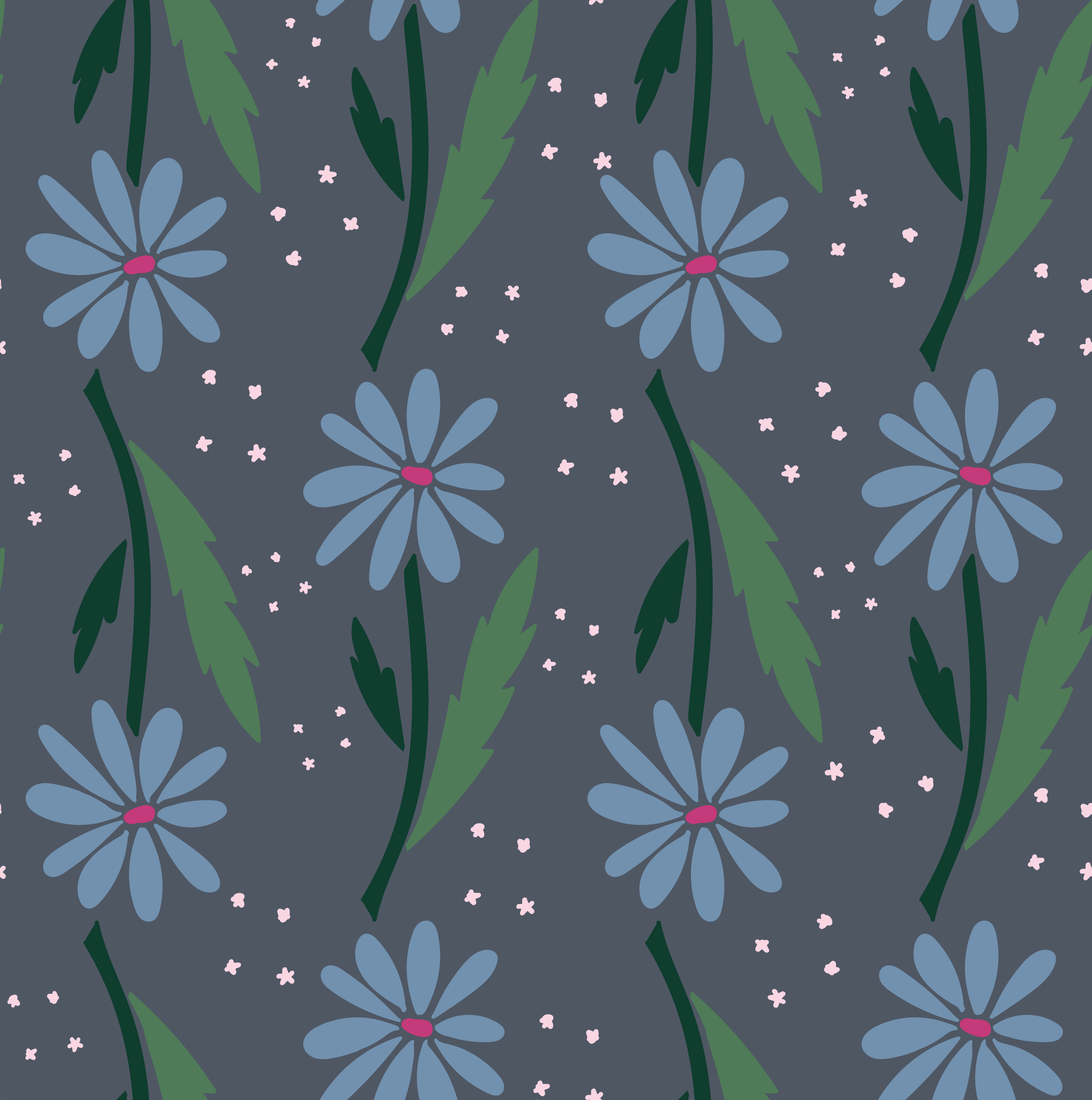 A pattern with blue daisies, green leaves, and small pink flowers on a dark background.