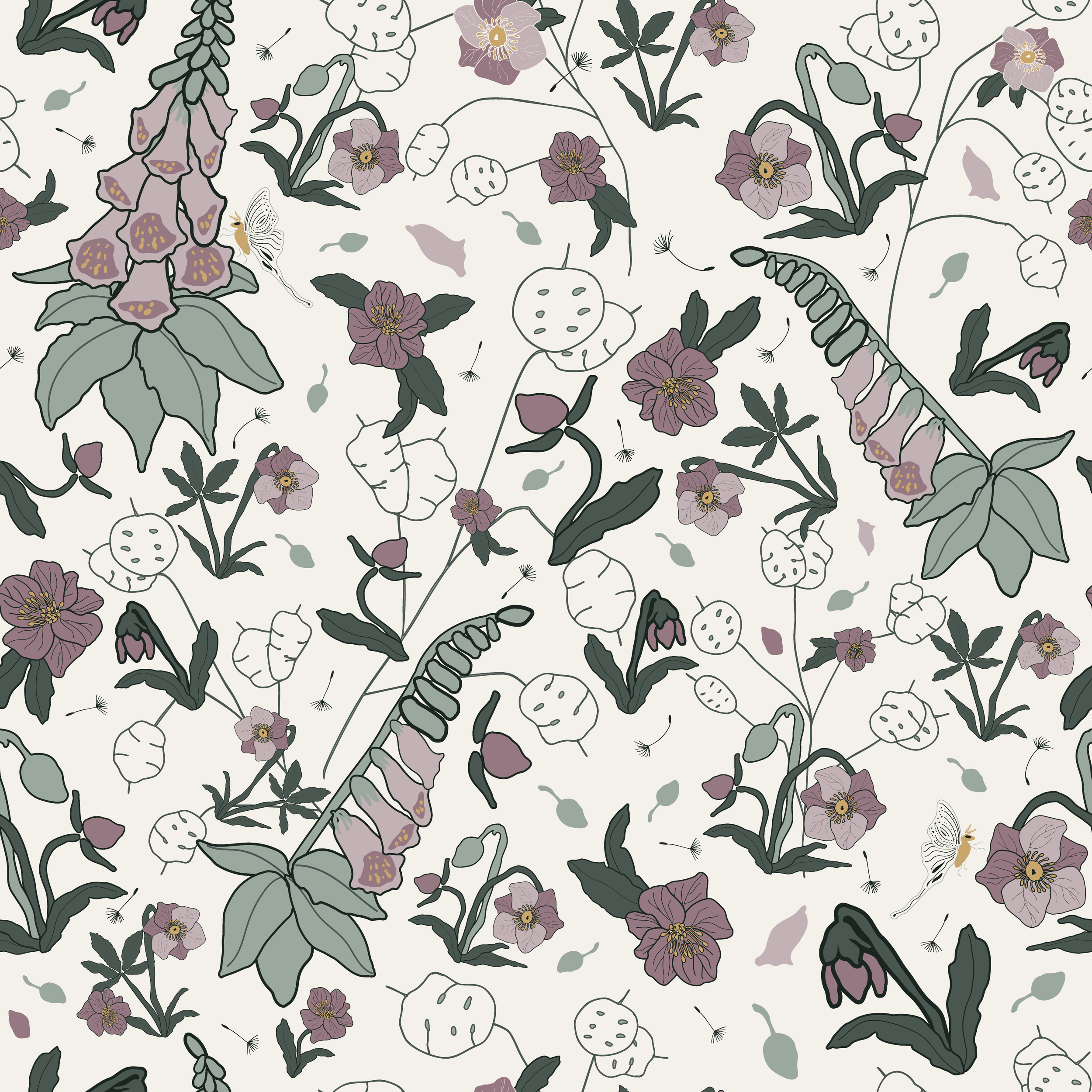 A seamless pattern of botanical illustrations featuring purple, pink, and green plants and flowers, including foxglove, leaves, and other foliage, with hand drawn lunaria and dandelion seed heads,