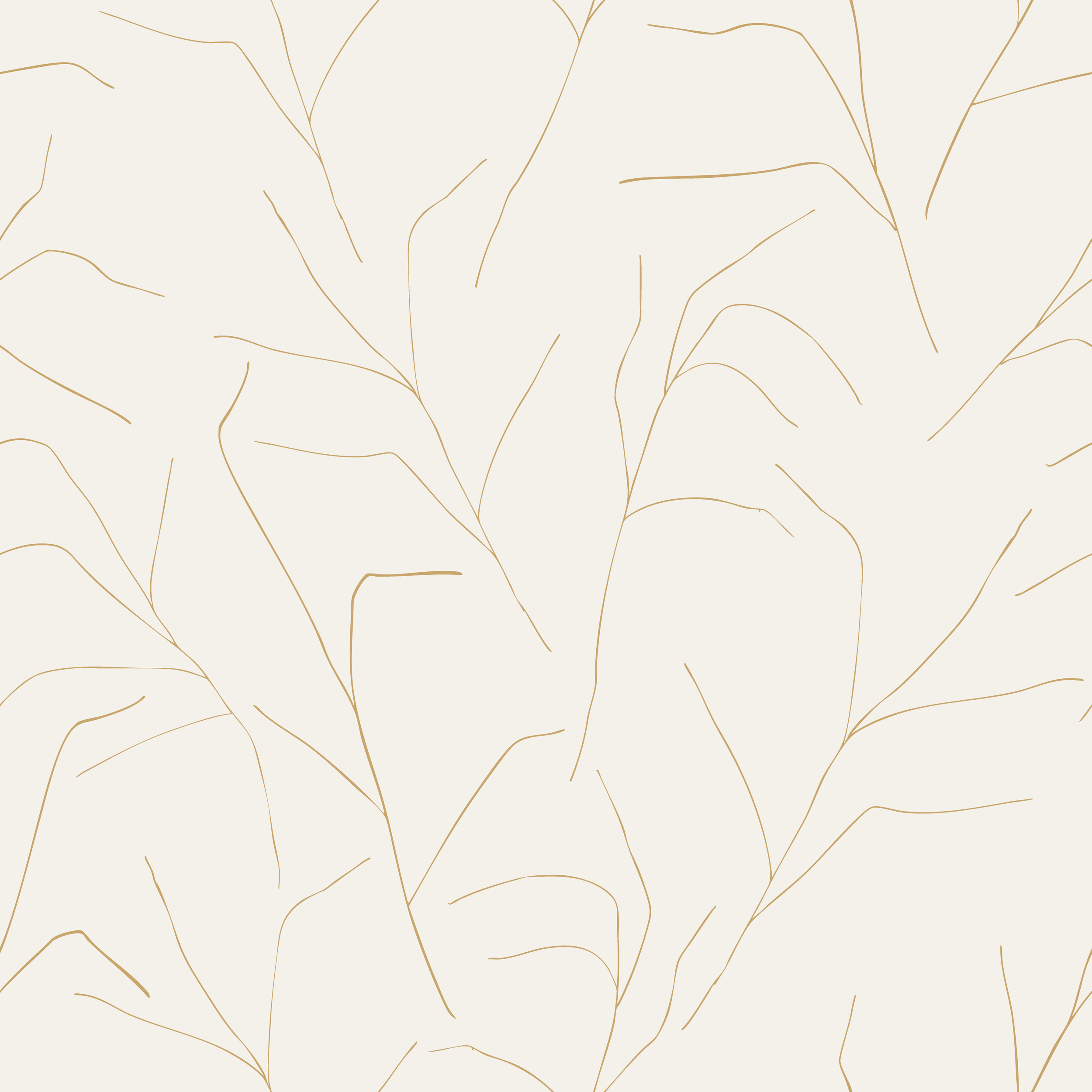 Minimalist repeat pattern of thin, curved, golden yellow, dried wildflower stems on a light cream background.