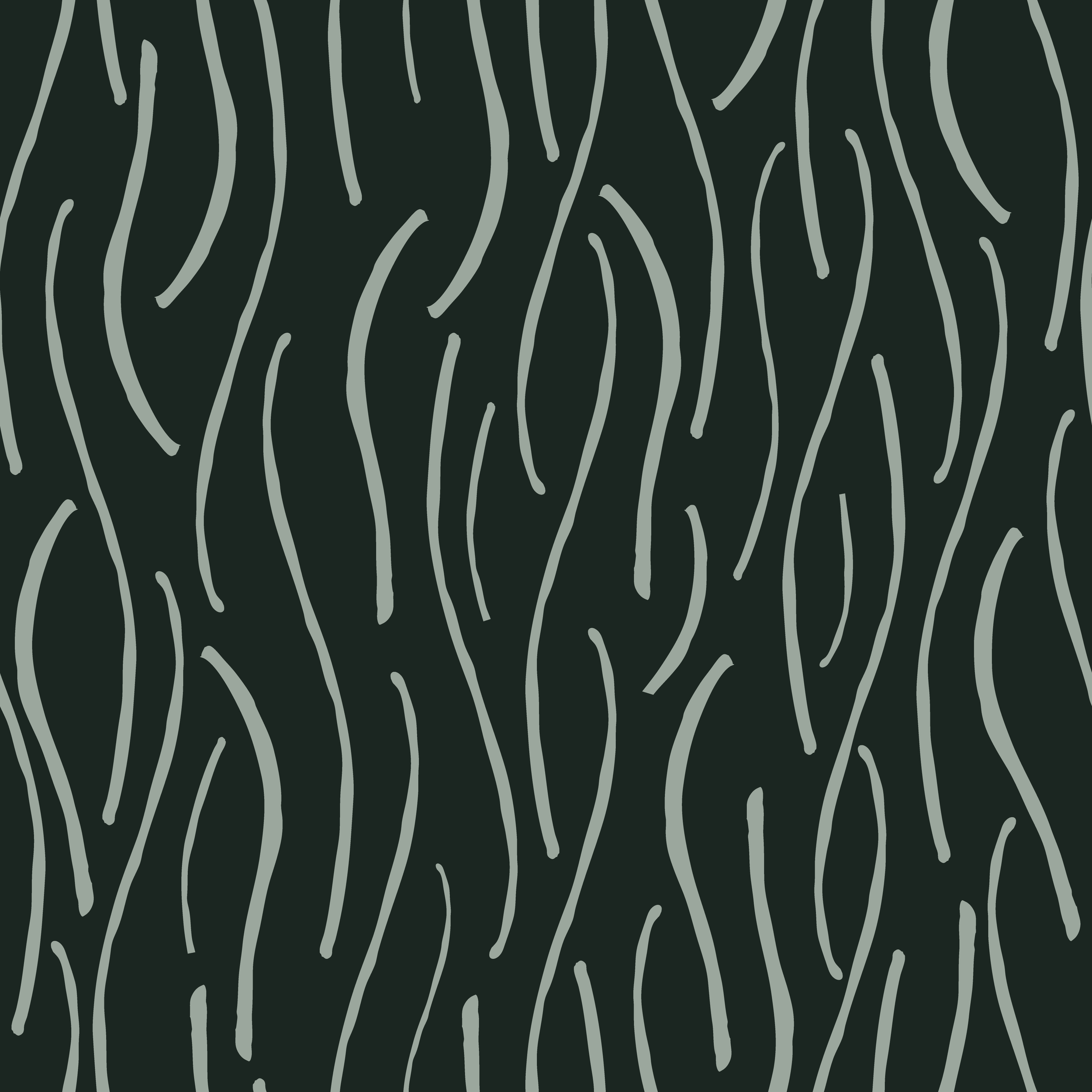 Abstract seamless pattern of wavy, irregular, light sage green lines, representing stems, on a very dark green background.