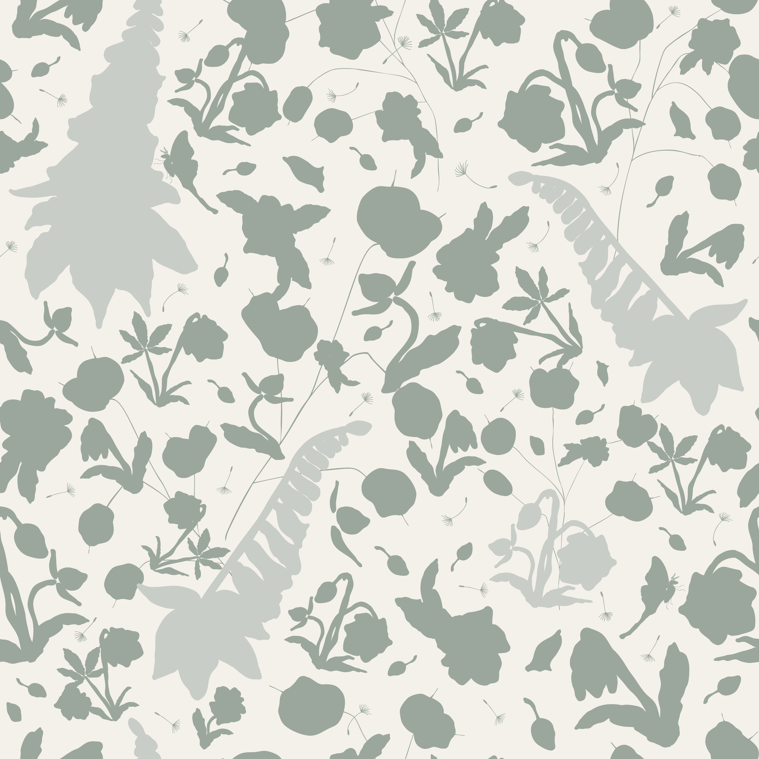 Seamless pattern of various hand drawn botanical silhouettes including flowers, leaves, and stems in shades of sage green on a light cream background.