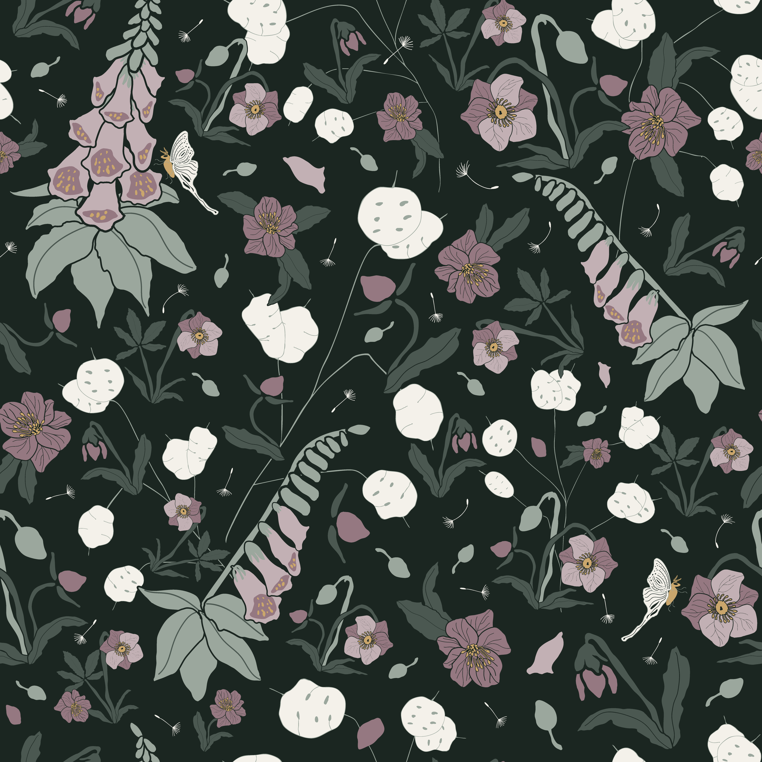 Seamless floral pattern of dusty purple foxglove flowers, cream lunaria, and dandelion seeds on a dark green background.