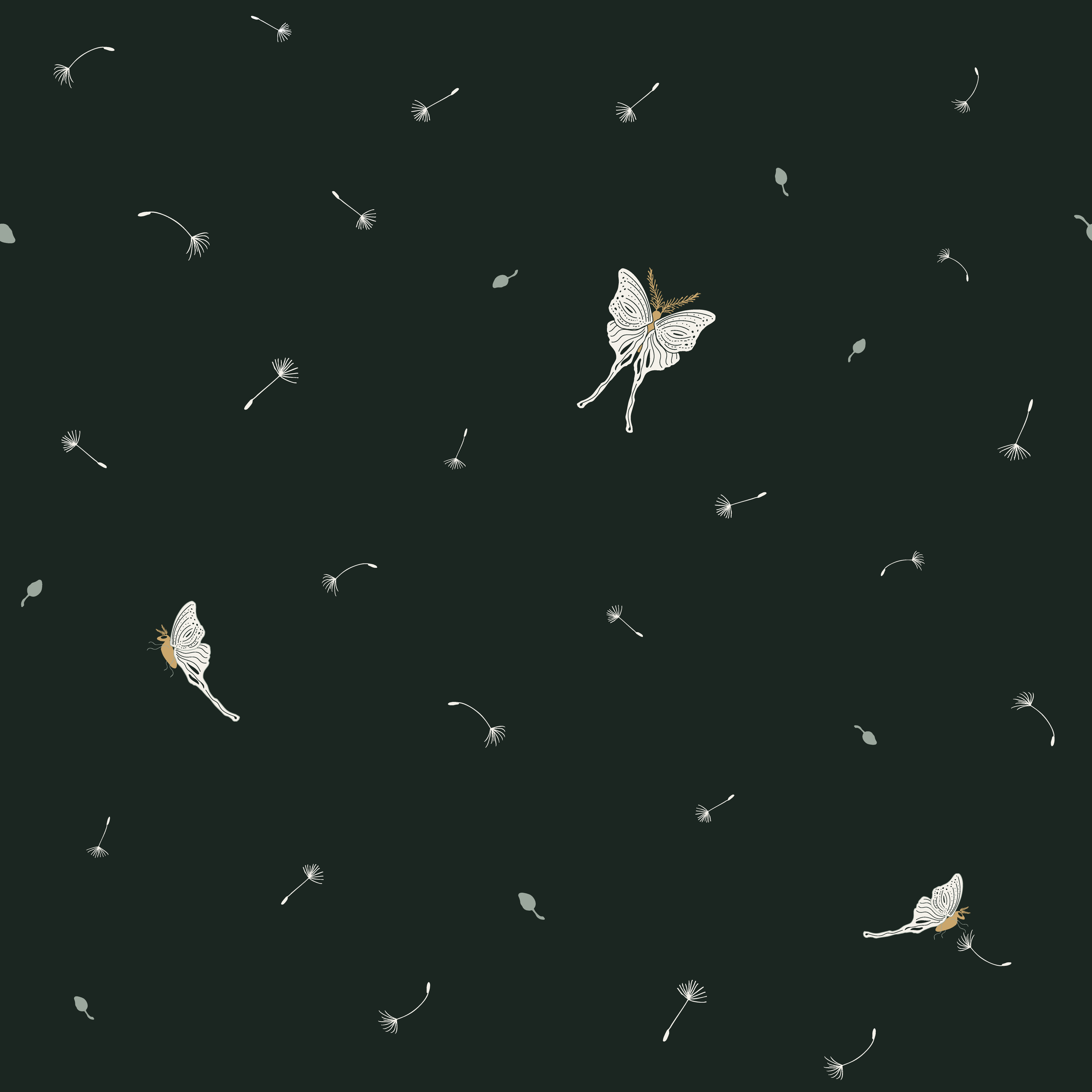 Hand drawn moths, seamless repeat pattern, with white dandelion seeds, blowing in the wind, on a deep forest green background.