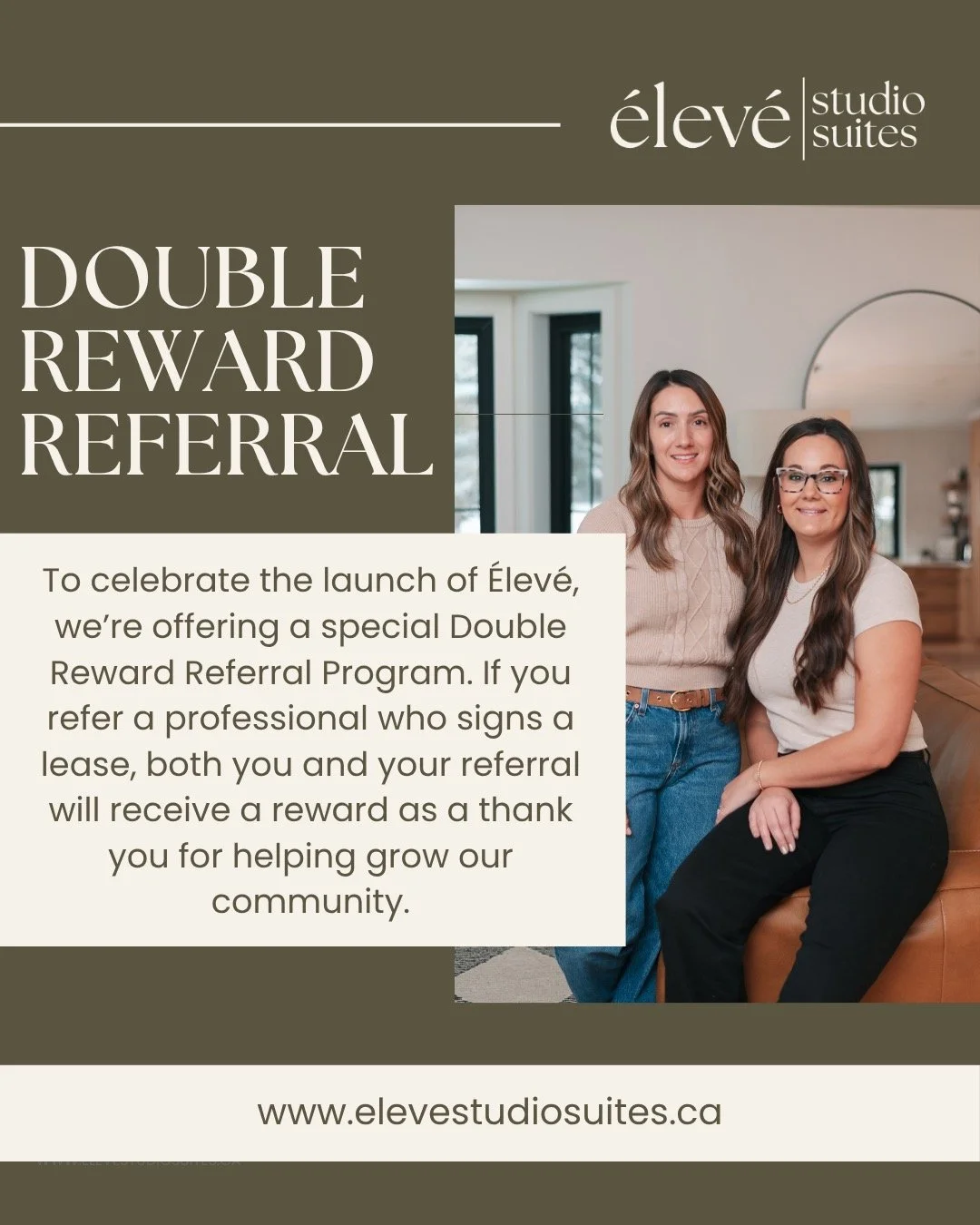 To celebrate the launch of &Eacute;lev&eacute;, we&rsquo;re excited to introduce our Double Reward Referral Program ✨
Know a beauty or wellness professional looking for their next space? When you refer someone who signs a lease at &Eacute;lev&eacute;