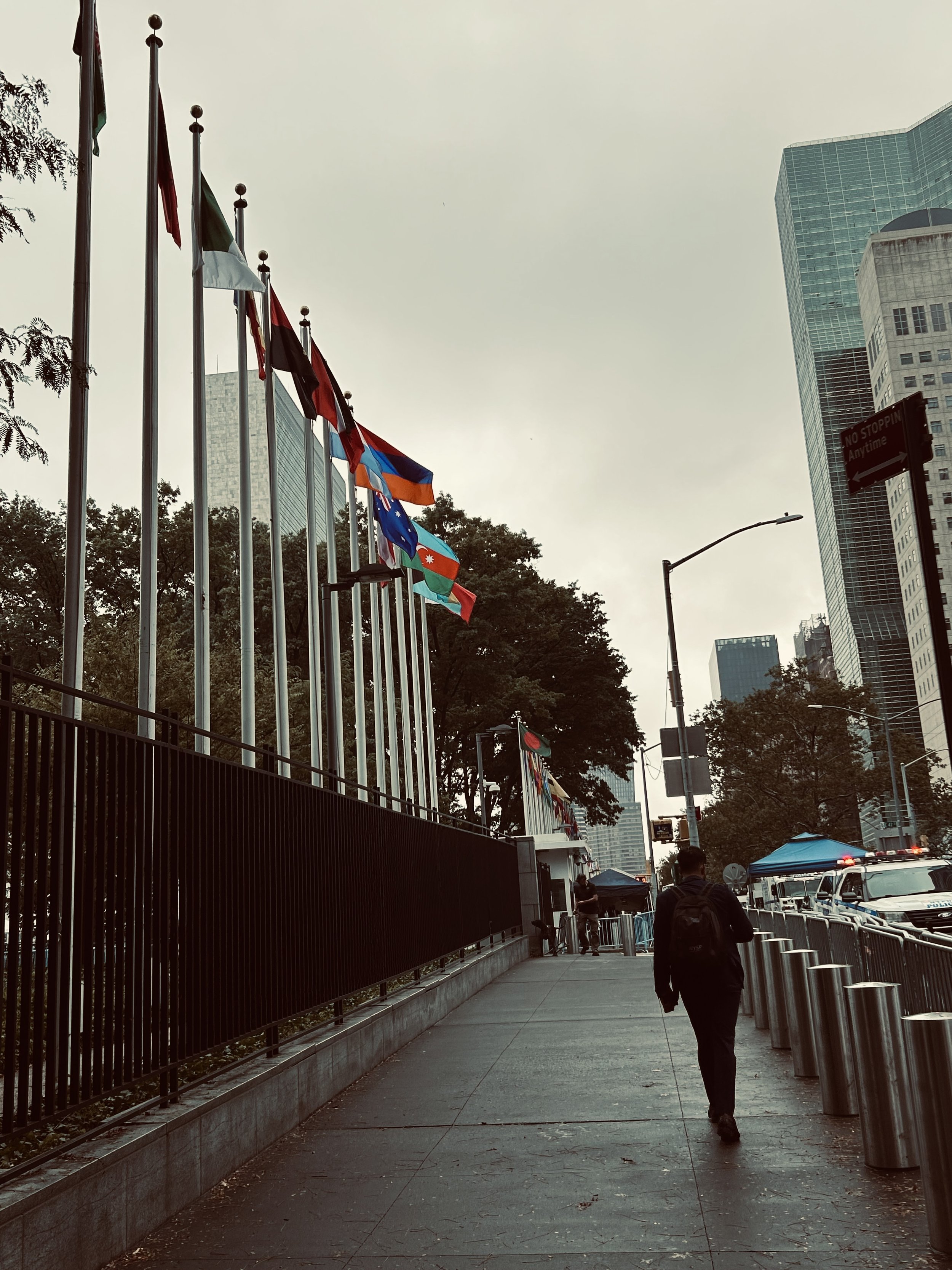 City sidewalk with flags on tall poles, modern skyscrapers, trees, and a person walking away.