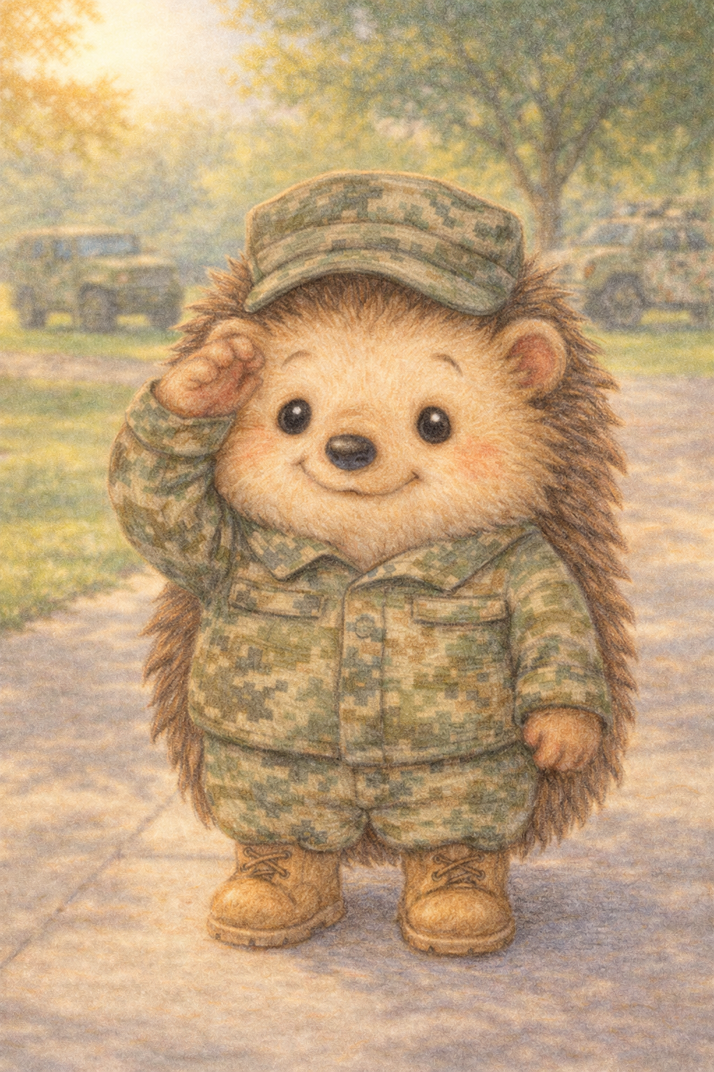 Soft colored-pencil illustration of a smiling hedgehog dressed in a military uniform and saluting.