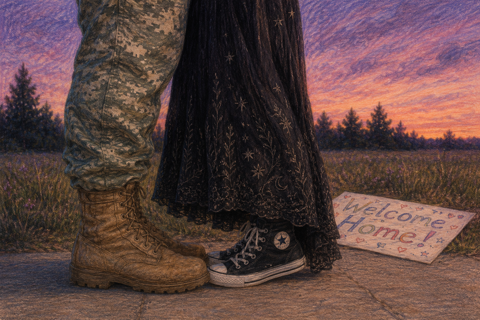 Soft colored-pencil illustration of two people standing together at sunset, one wearing military boots and the other black Converse shoes and a long skirt. A handmade "Welcome Home" sign rests on the ground beside them.