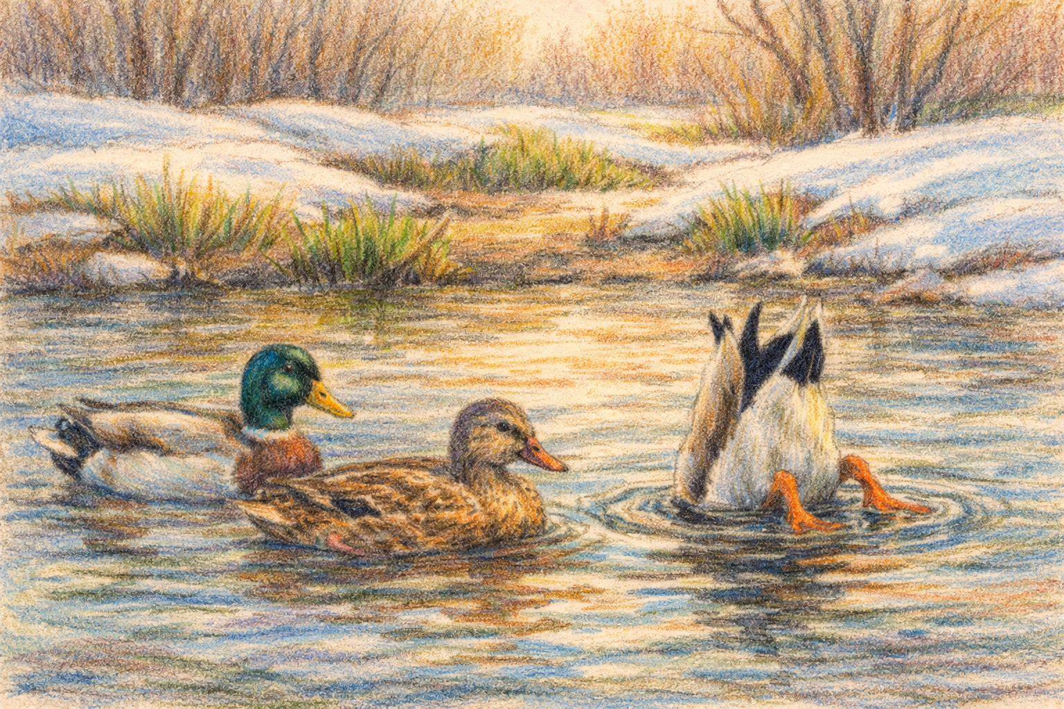 Painterly illustration of ducks swimming in a winter pond, one diving with its tail in the air.