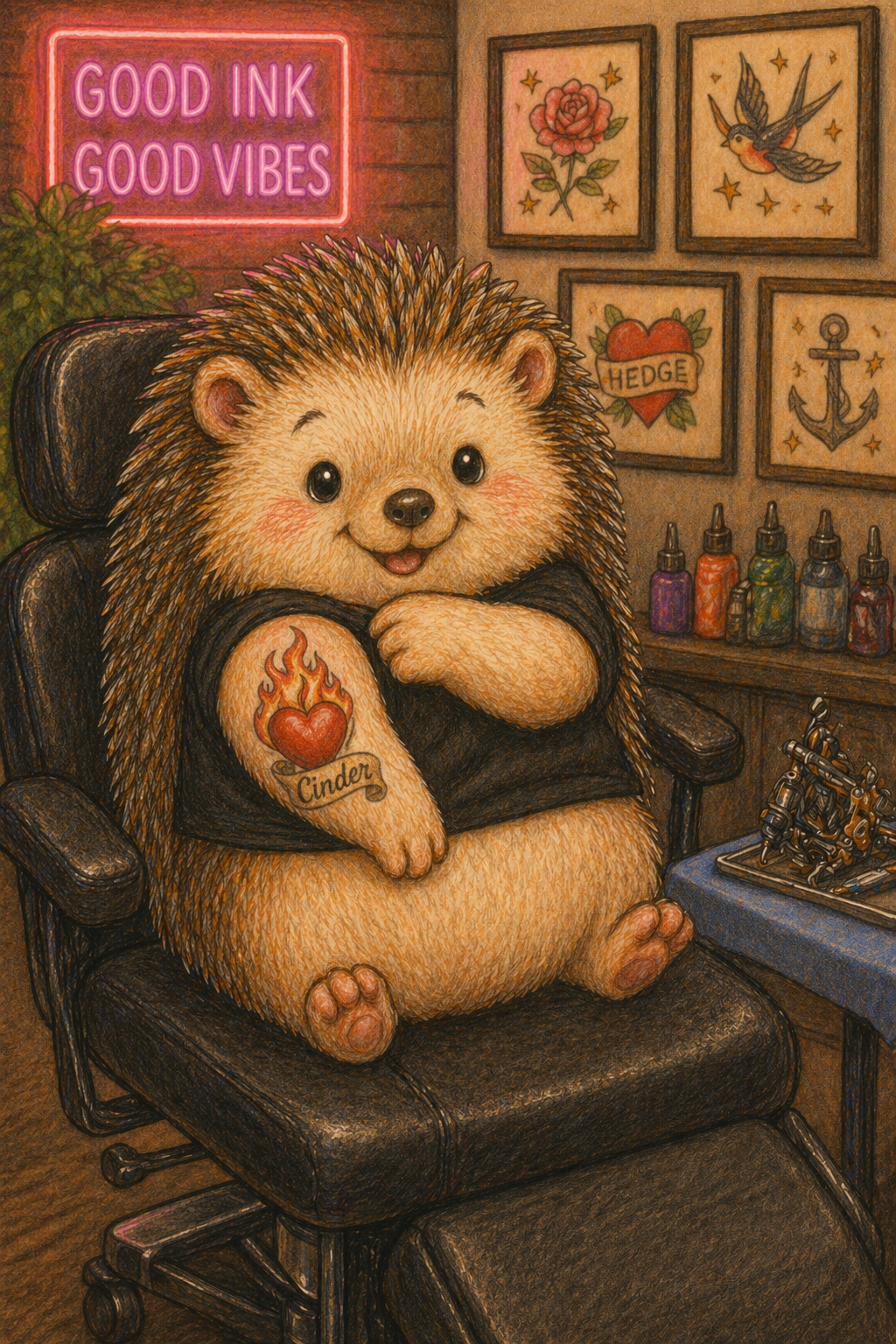 Soft colored pencil illustration of a smiling hedgehog showing a heart-and-flame tattoo reading “Cinder” in a cozy tattoo studio.
