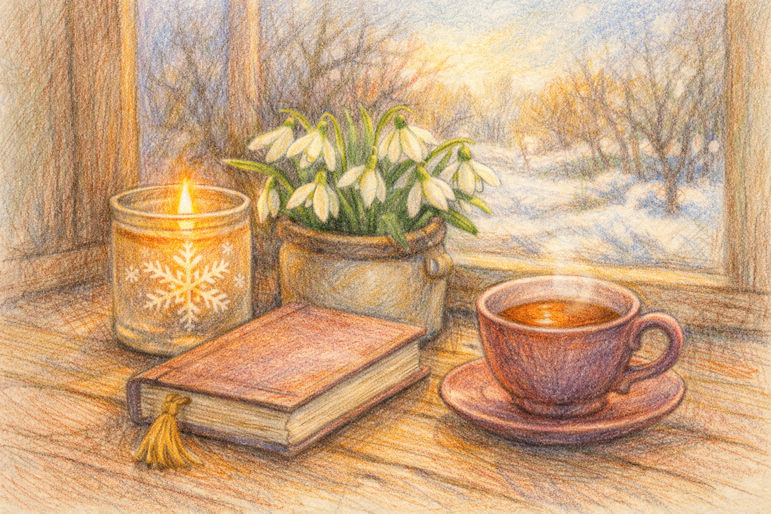 A soft, colored-pencil style illustration of a candle, a closed book with a ribbon bookmark, snowdrops in a crock, and a warm cup of tea on a wooden table by a window overlooking a snowy winter landscape.
