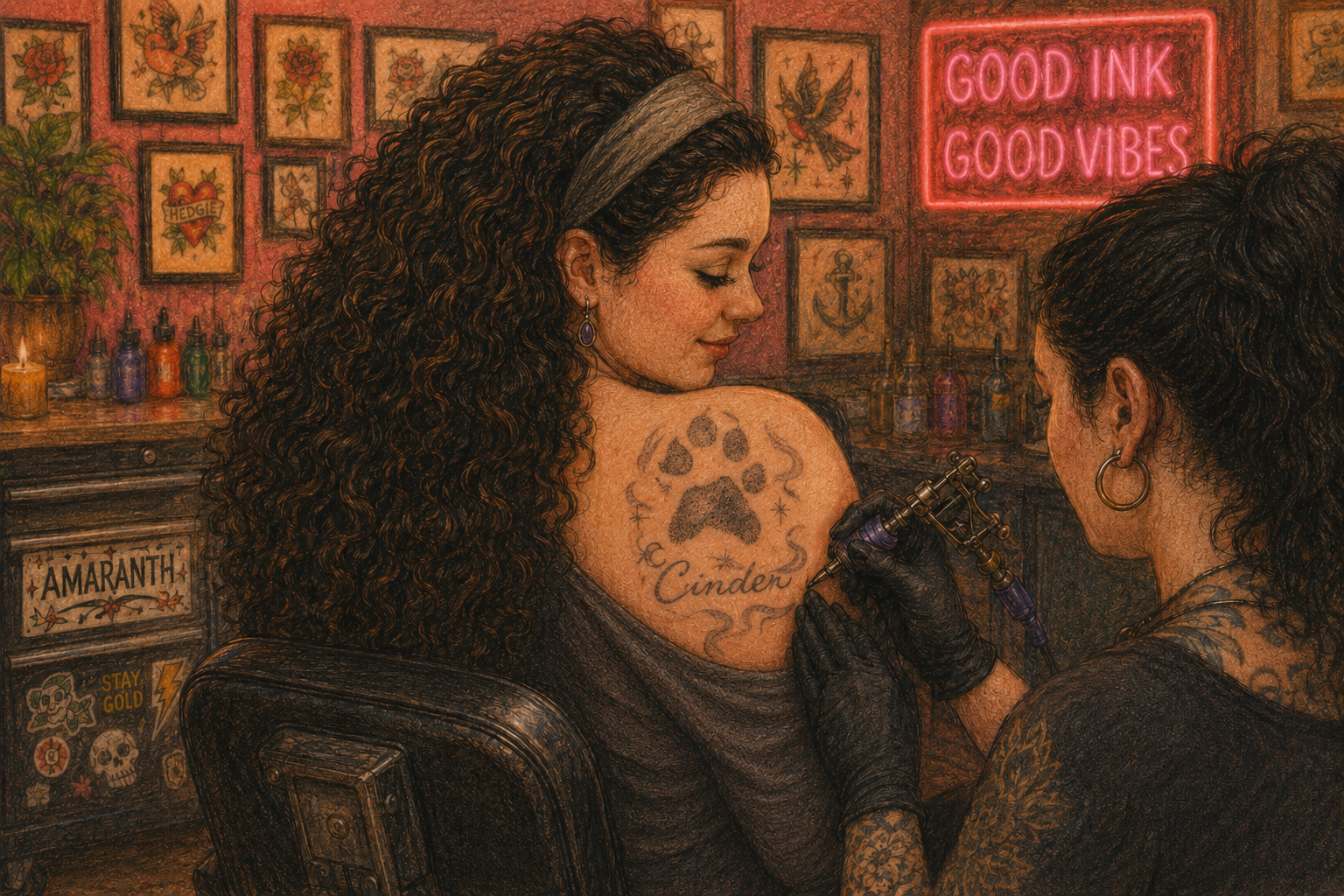 Cozy tattoo shop scene featuring a woman receiving a memorial paw print tattoo for her dog, Cinder.