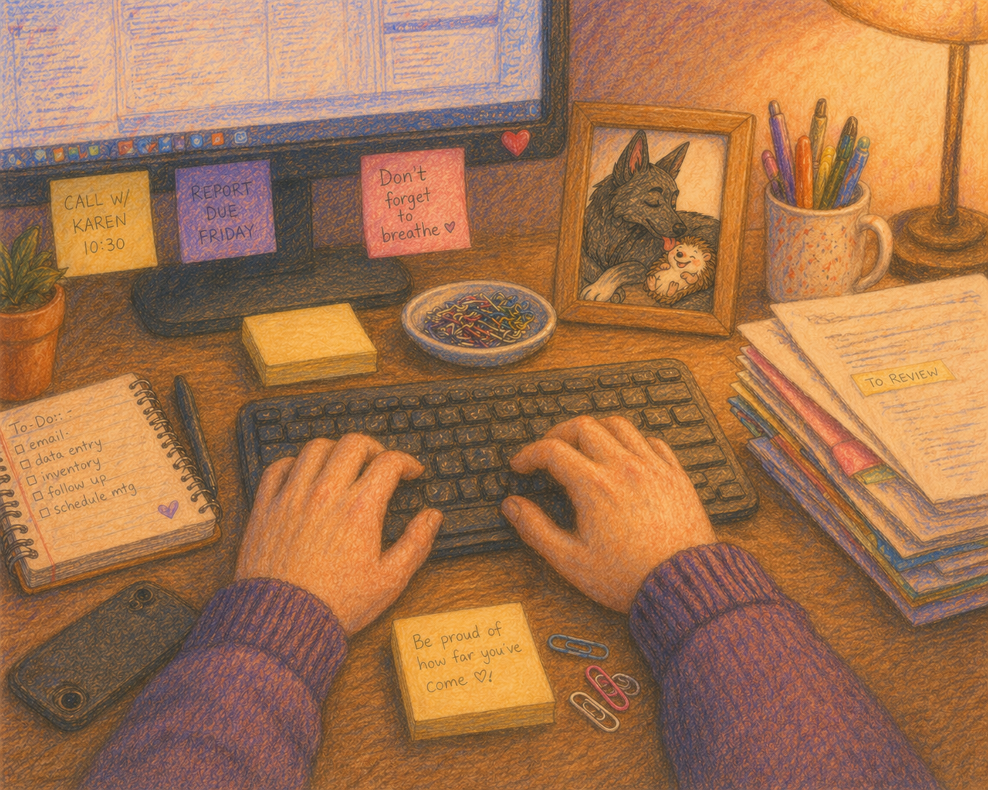 Cozy desk scene with hands typing at a computer, paperwork and notes scattered across the desk, representing productivity and modern work pressure.