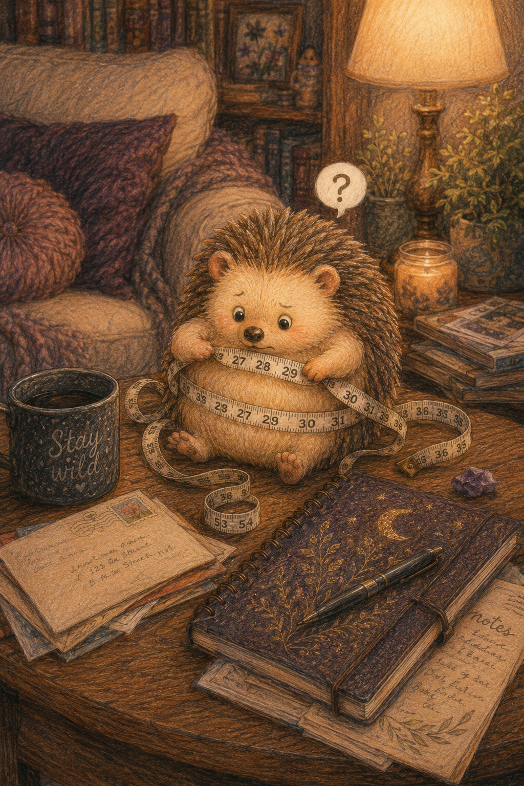 A cartoon hedgehog sits at a cozy table wrapped in a tangled measuring tape while looking confused. A coffee mug, journal, candle, and question mark complete the scene.