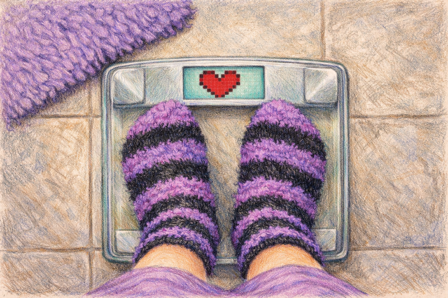 Feet in fuzzy purple and black striped socks standing on a bathroom scale that displays a pixel-style heart instead of a number.