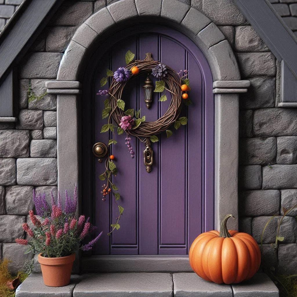 Purple cottage door with wreath, flower pot, and pumpkin — symbolizing a warm welcome.