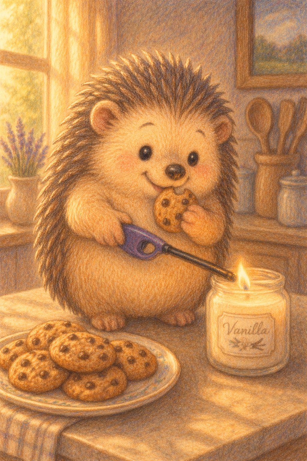 Cute hedgehog lighting a candle and eating cookies in a cozy kitchen