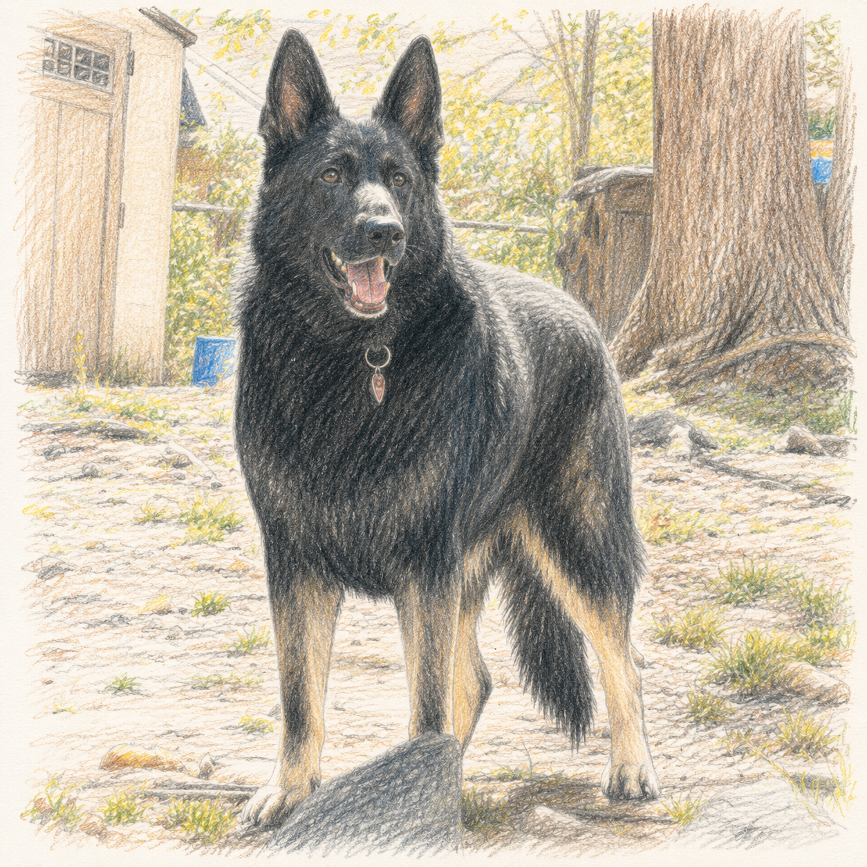 Colored pencil style portrait of a black German Shepherd standing outdoors in sunlight.