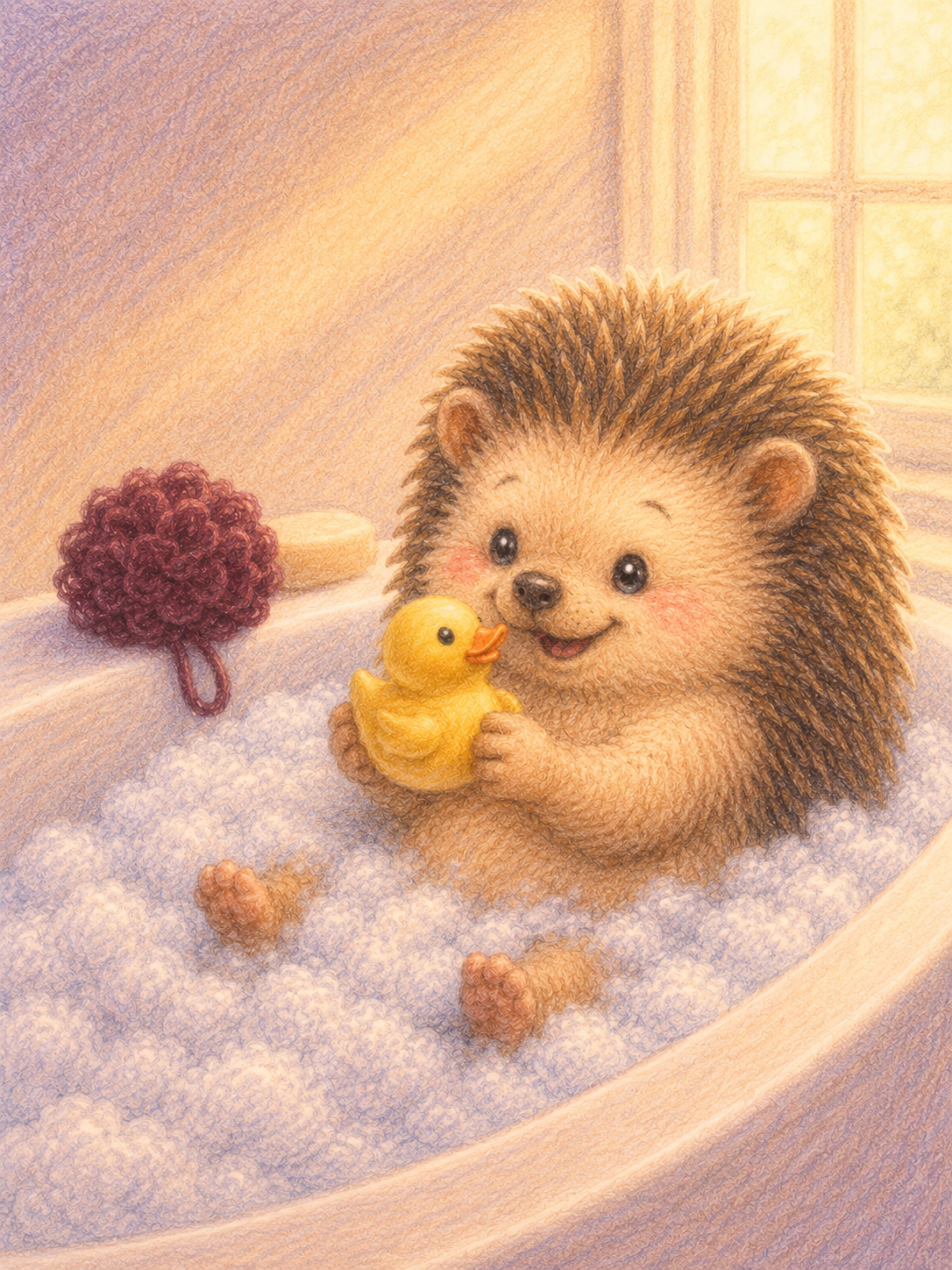 Cute hedgehog relaxing in a bubble bath while holding a yellow rubber duck, illustrated in a soft colored-pencil style.