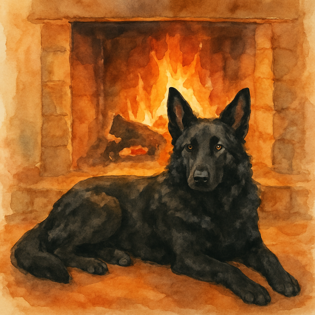 A black dog lying in front of a cozy fireplace with flames. The dog has upright ears and amber eyes.