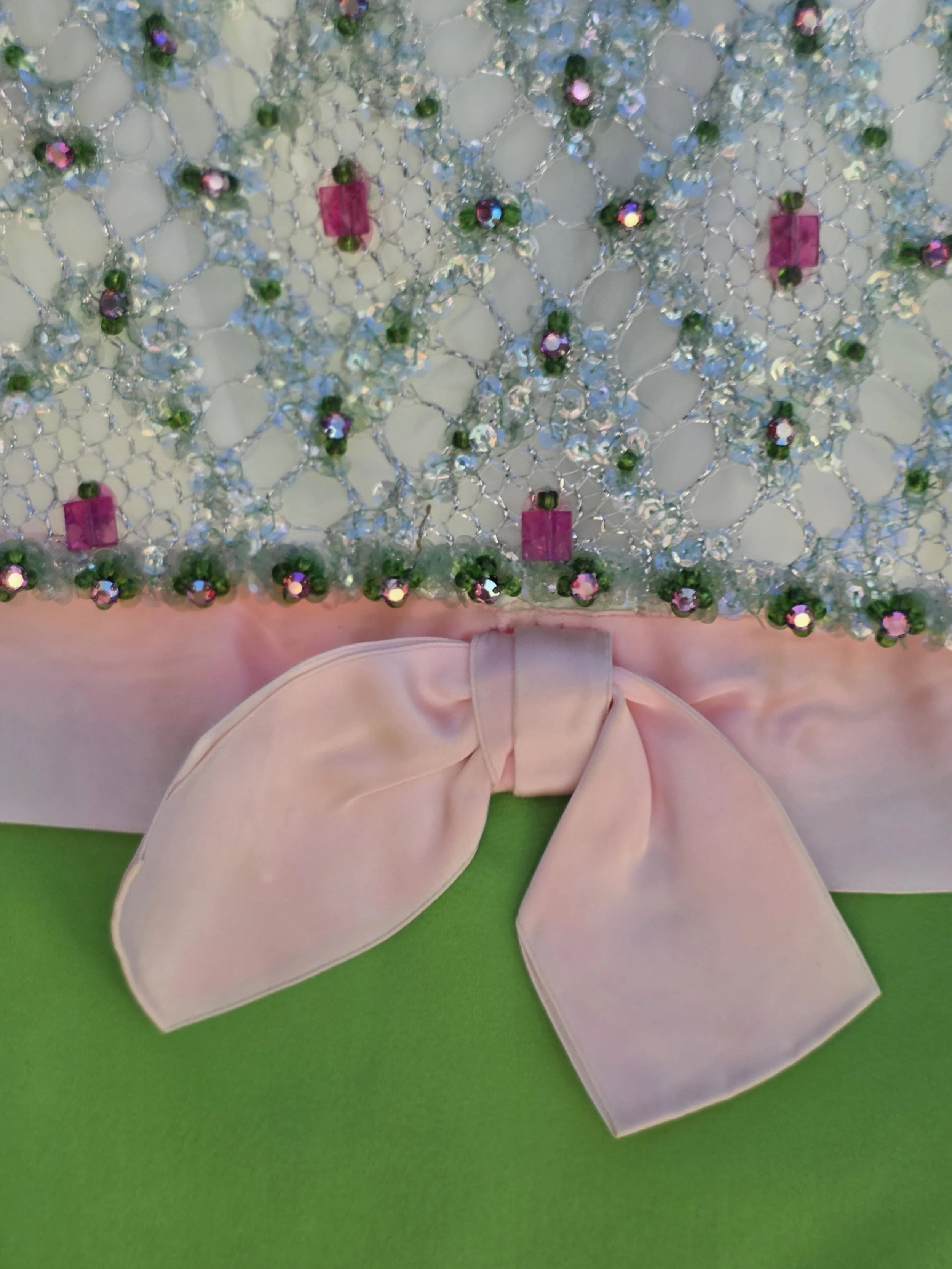 1960s Beaded Bodice Evening Gown with Pink Bow Detail