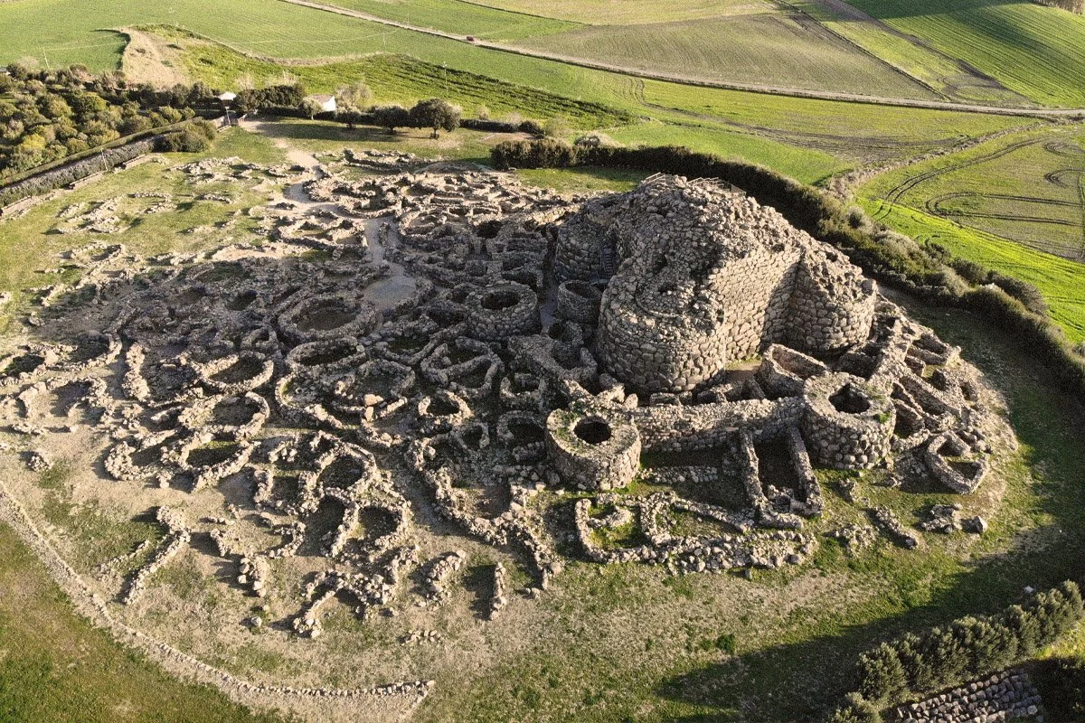 Aerial view of the archaeological site of Su Nuraxi di Barumini in Sardinia. It is the best-known example of the unique form of Bronze Age defensive complexes known as nuraghi.