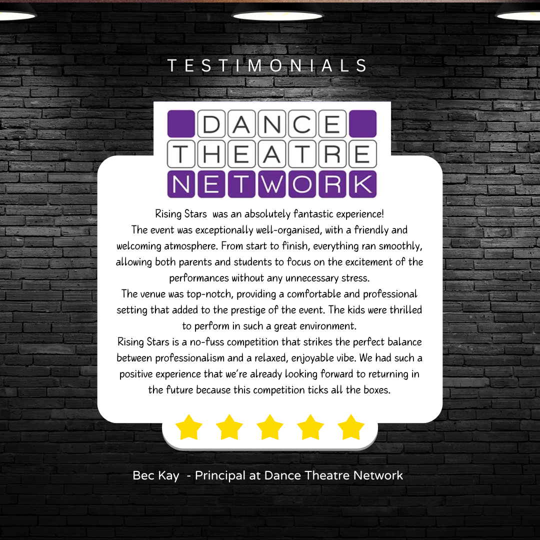 Testimonial page for Dance Theatre Network with a review of Rising Stars event, showing purple and white logo and five gold stars, on a black brick wall background.