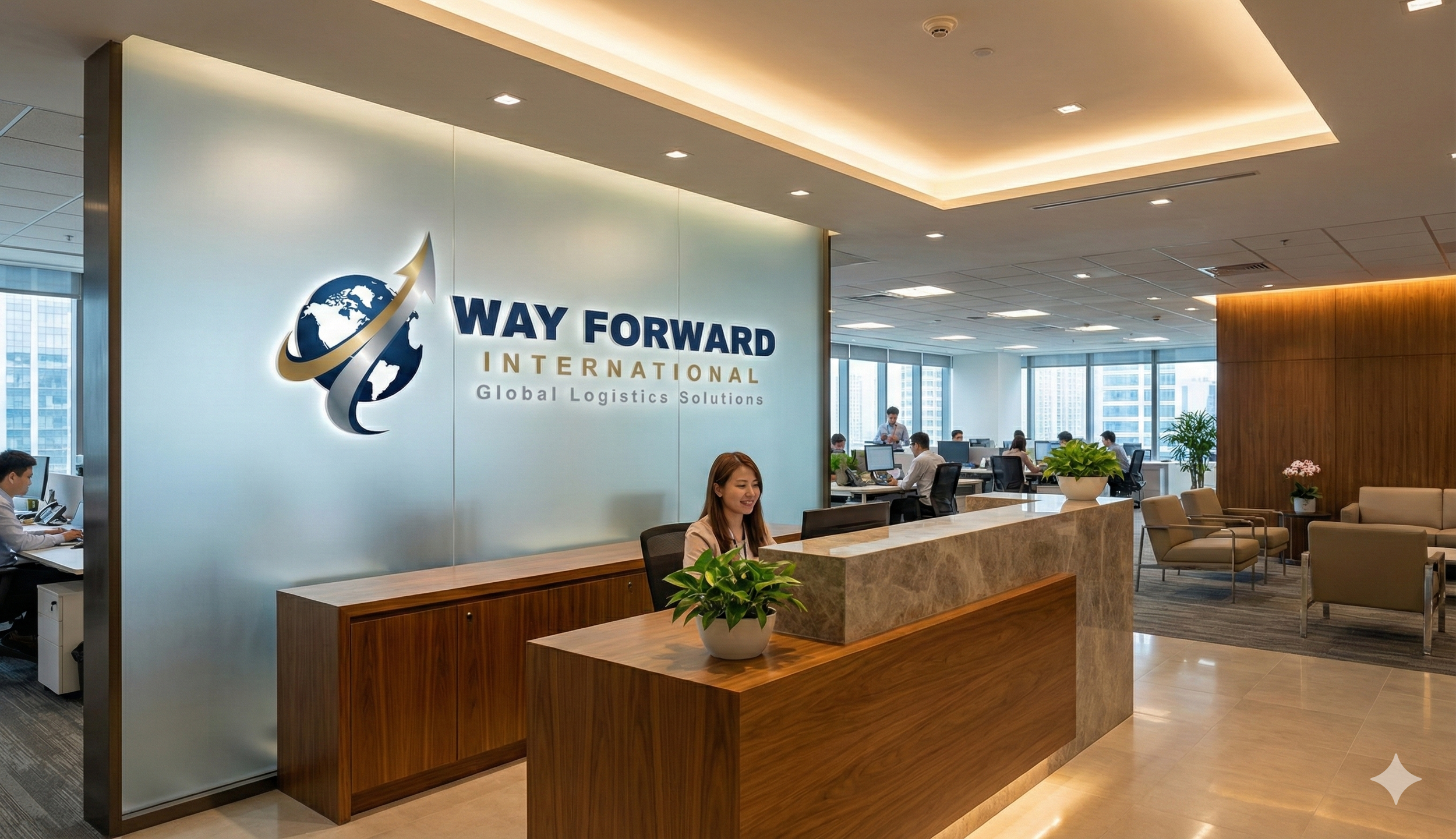 Corporate office reception area with a large sign reading 'Way Forward International - Global Logistics Solutions' on a frosted glass wall. Staff members work at desks in the background, and a smiling woman sits at a reception desk with a potted plant.